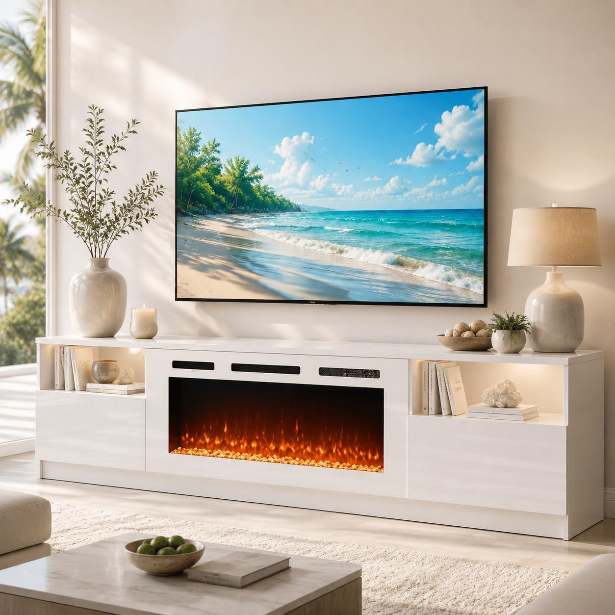 70″ Fireplace TV Stand for TVs Up to 80″,Entertainment Center with 36” Electric Fireplace and 12 Colors LED Lights,Large TV Console with Storage Cabinet for Living Room,All White