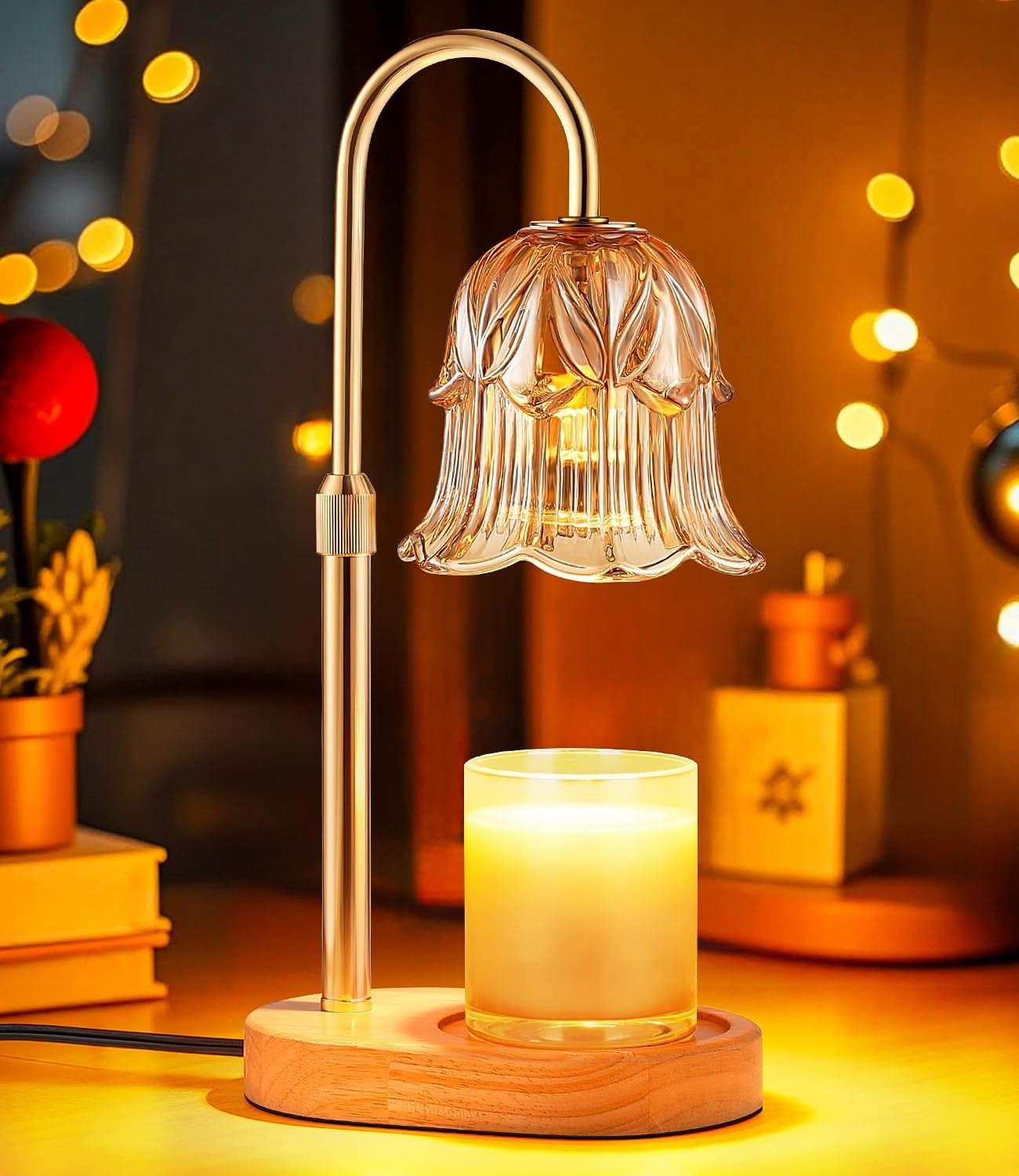 Candle Warmer Lamp Adjustable Timer – Electric Flower Glass Candles Light | Height Adjustable Dimmable Vintage Base Modern Wax Candles Jar Top Warmers Wax Melts Birthday Women Mom House Warming Gifts