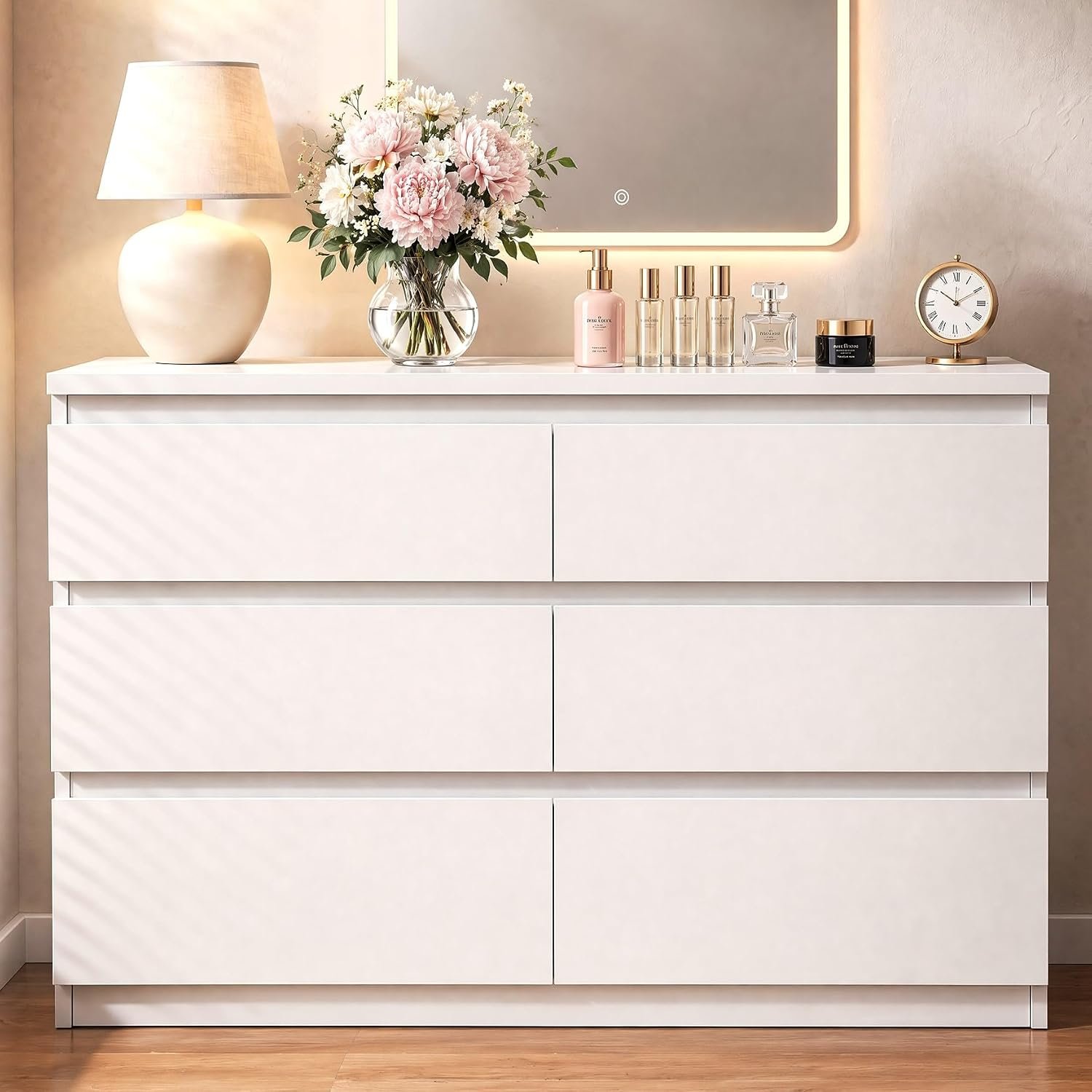 6 Drawer Double Dresser for Bedroom, Modern Simply Chest of Drawers, Wood Storage Dresser with Anti-Tipping for Living Room Hallway Entryway, Nursy White (15.3″ D x 47.2″ W x 32.3″ H)
