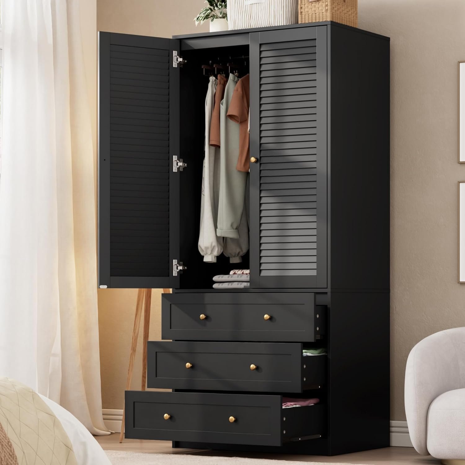 GarveeHome 70″ Wardrobe Armoire Wooden Closet with 3 Drawers, Black | Bedroom Armoire with Hanging Rod Shelf, Large Capacity Storage Wardrobe Armoire, Freestanding Wooden Closet Storage Cabinet