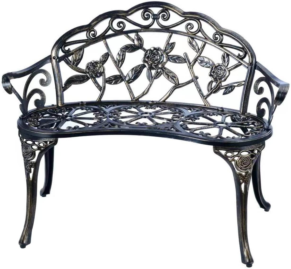 YKSY&YKSY Patio Garden Bench Metal Park Bench Cast Aluminum Outdoor Furniture with Floral Rose for Patio,Park,Lawn,Yard (Copper)