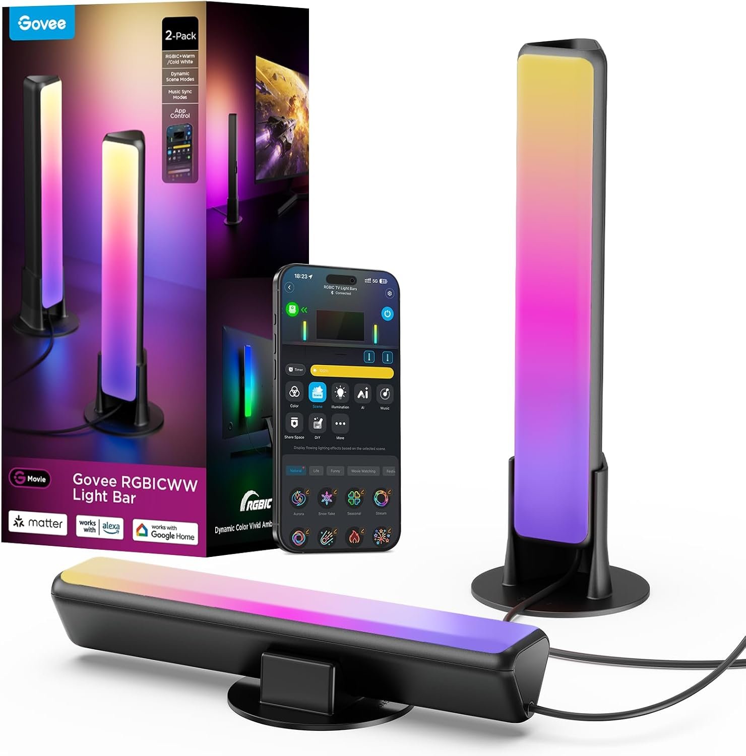 Govee Smart Light Bar, RGBICWW TV Lights for Living Room, Gaming, Black | Compatible with SmartThings, Matter, Alexa, LED Light Bar with Scene and Music Modes for Living Room, Gaming, PC, App Control