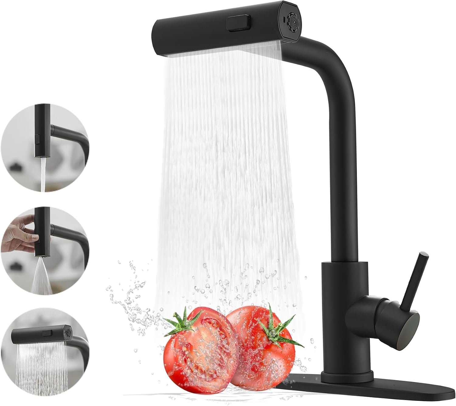 Kitchen Faucet with Pull Down Sprayer, Matte Black Waterfall Kitchen Faucet | Commercial Stainless Steel Single Handle Faucet with 3 Spray Modes for Farmhouse, RV, Laundry, Bar and Utility Sinks