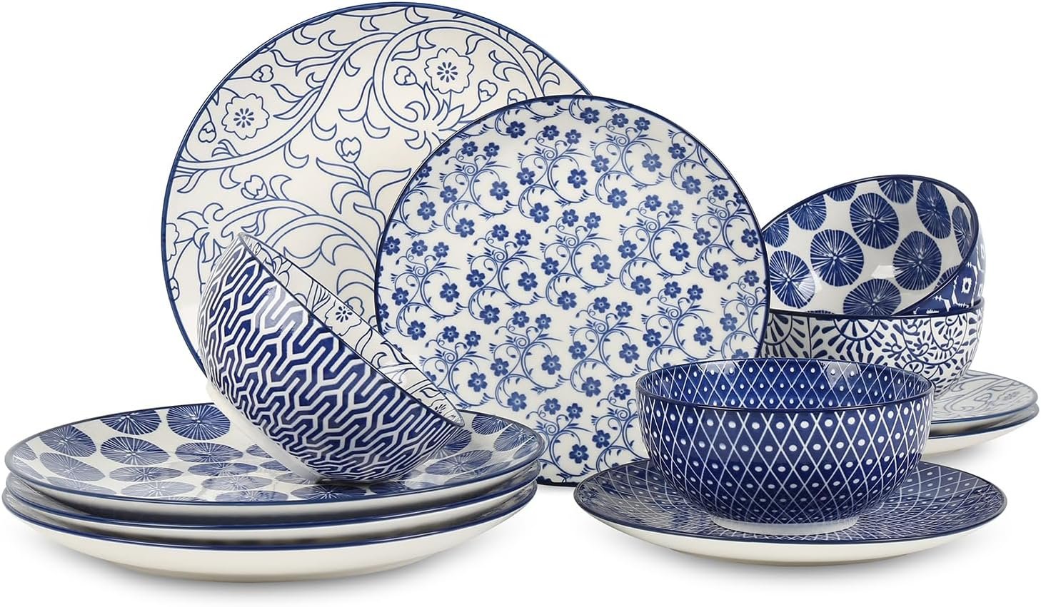Selamica Ceramic Dinnerware Sets, 12 pcs Plates and Bowls Sets,Vintage Blue | Scratch Resistant Dishes set for 4, Dishwasher & Microwave Safe