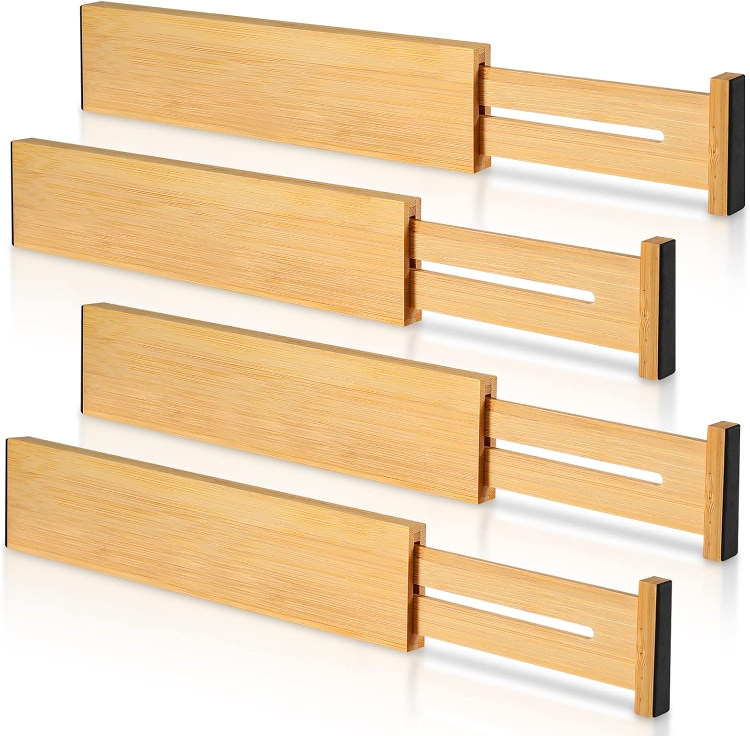 4 Pack Bamboo Drawer Dividers 2.6″ High, Adjustable Length from 12 Inch to 17 Inch, Expandable Kitchen Drawer Organizer Separators for Clothes, Kitchen, Bedroom, Dresser, Office (Beige)