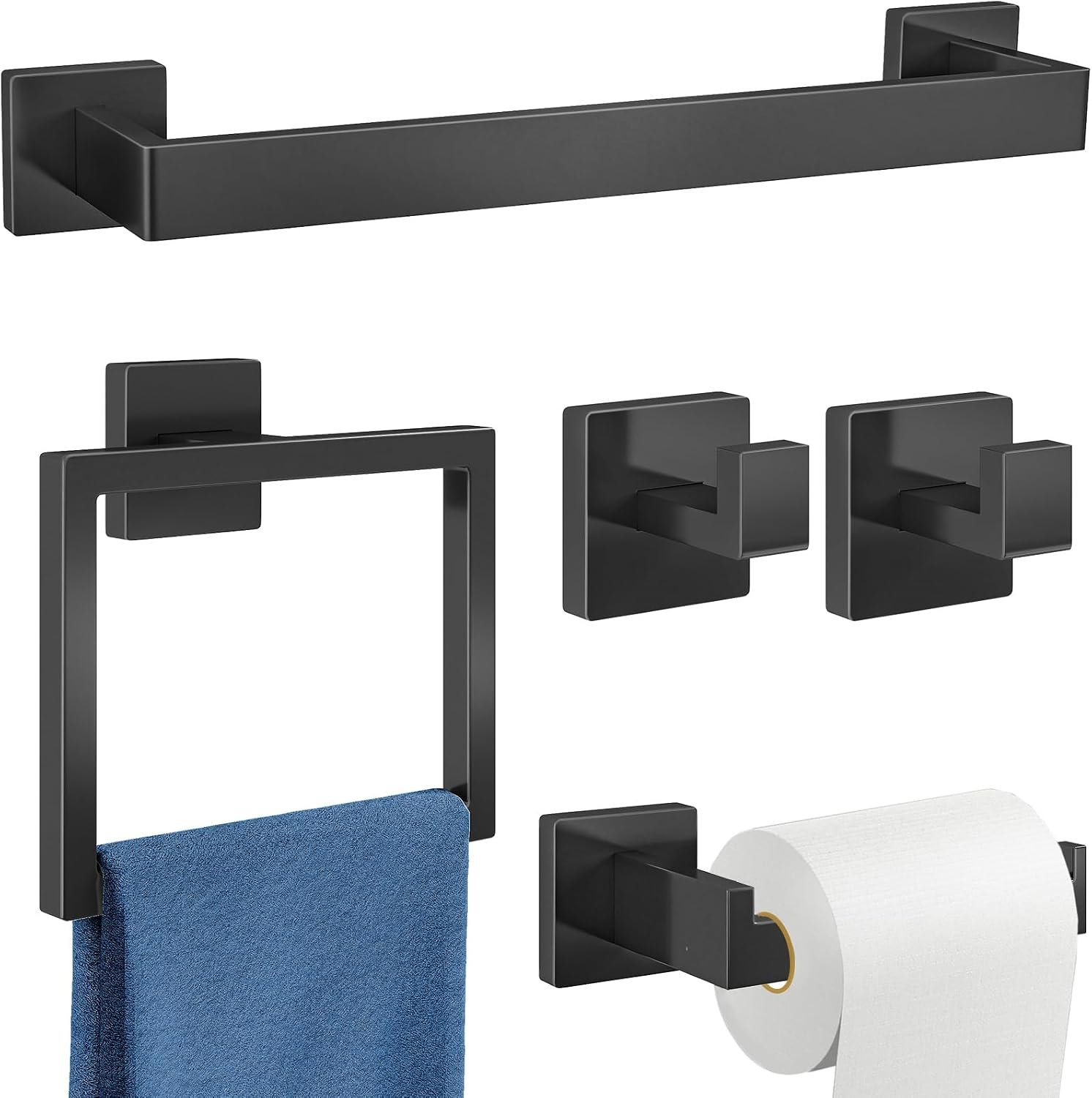 Gypie Bathroom Hardware Accessories Set, 5-Piece 16In Black Wall Mounted | Towel Racks for Bathroom Stainless Steel Towel Bar Rack Set