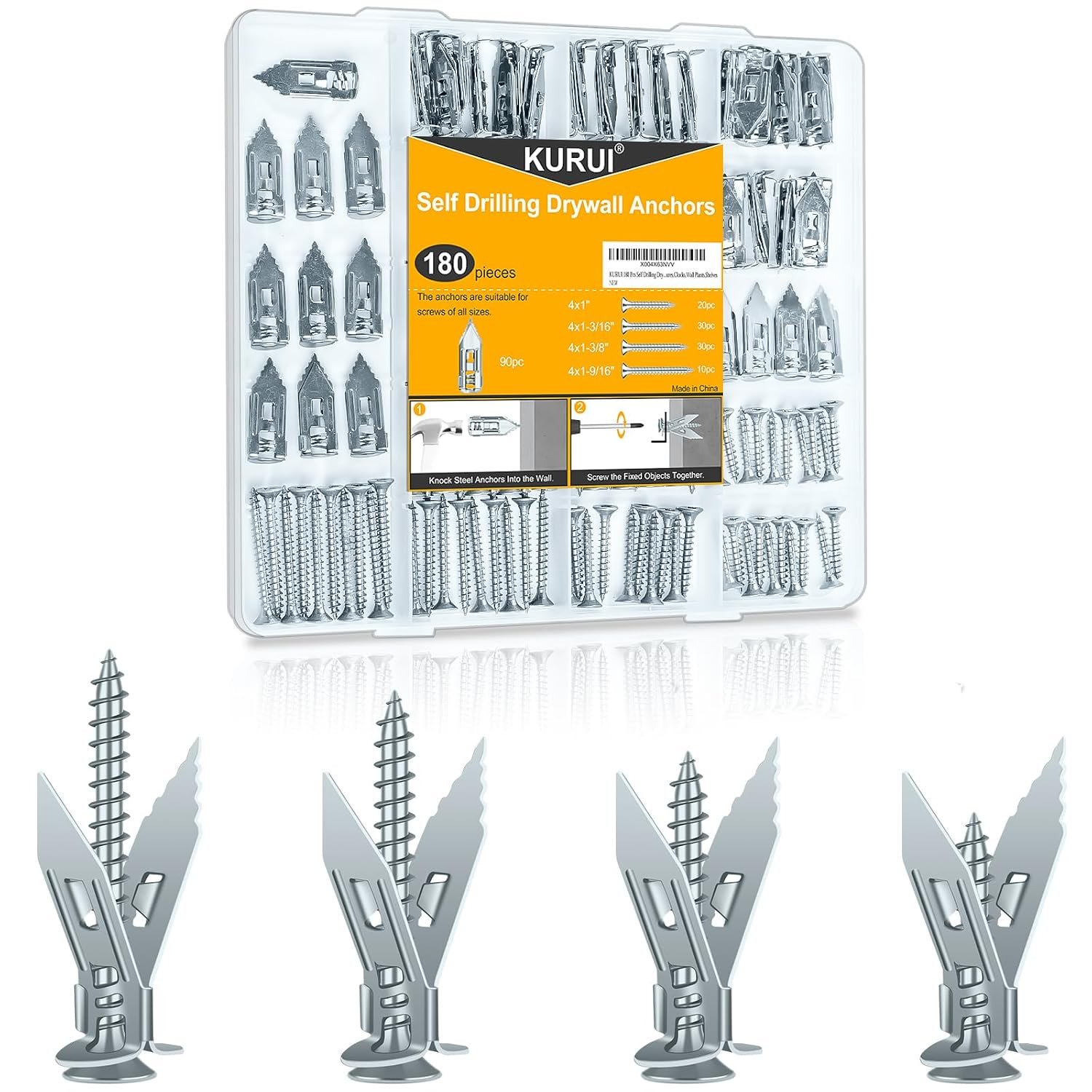 180Pcs Self Drilling Drywall Anchors, Metal Heavy Duty Dry Wall Anchors and Screws Kit, Silver Renter Friendly Anchor for Sheetrock,Hollow Wall, Hanging Shelves,Mirrors,Wall Decor,Pictures