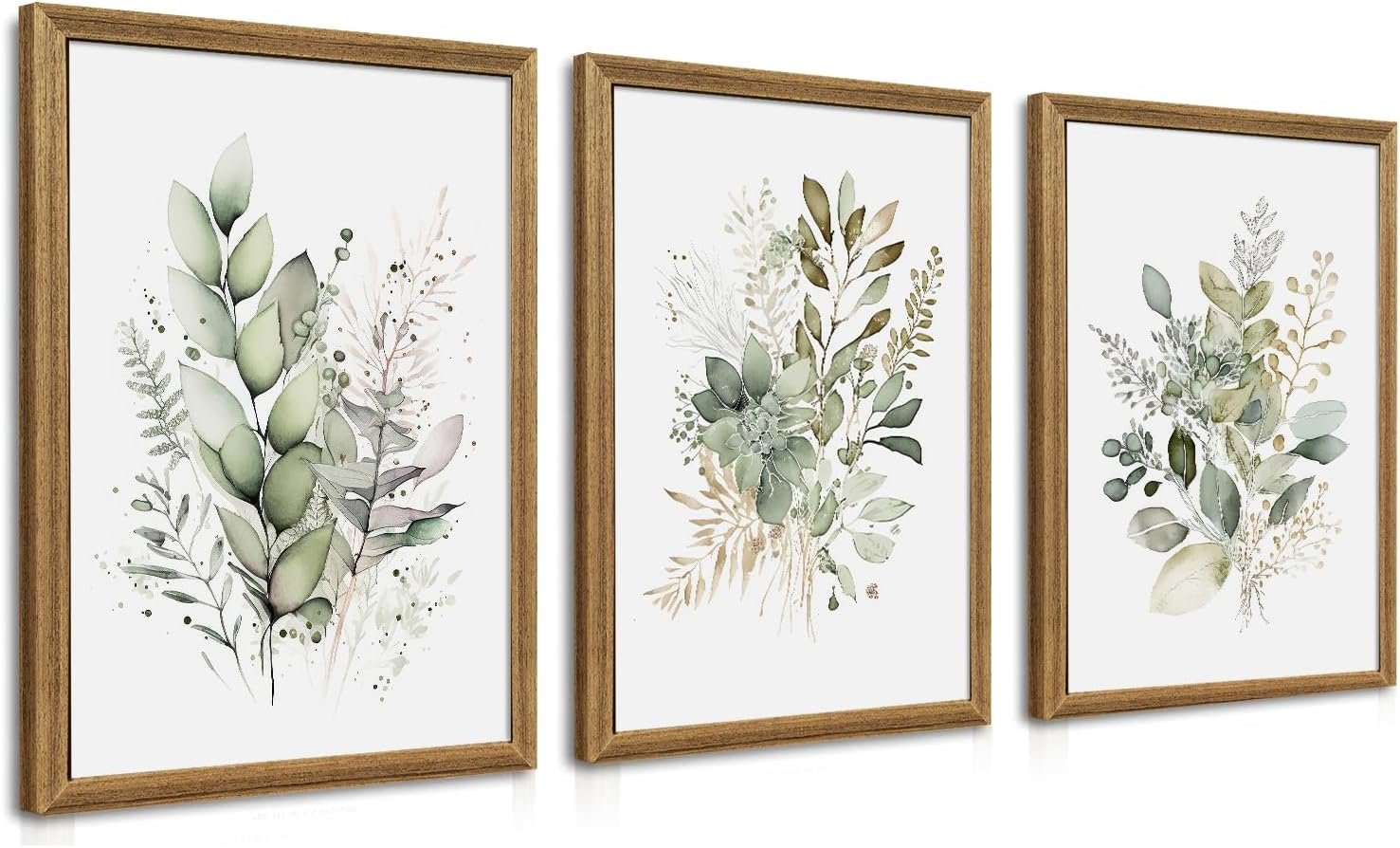 WRFON Framed Sage Green Botanical Wall Art Set of 3, Watercolor Eucalyptus & Wild Plant Canvas Prints, Minimalist Green Wall Decor for Living Room Bedroom Bathroom, 12×16 Inches