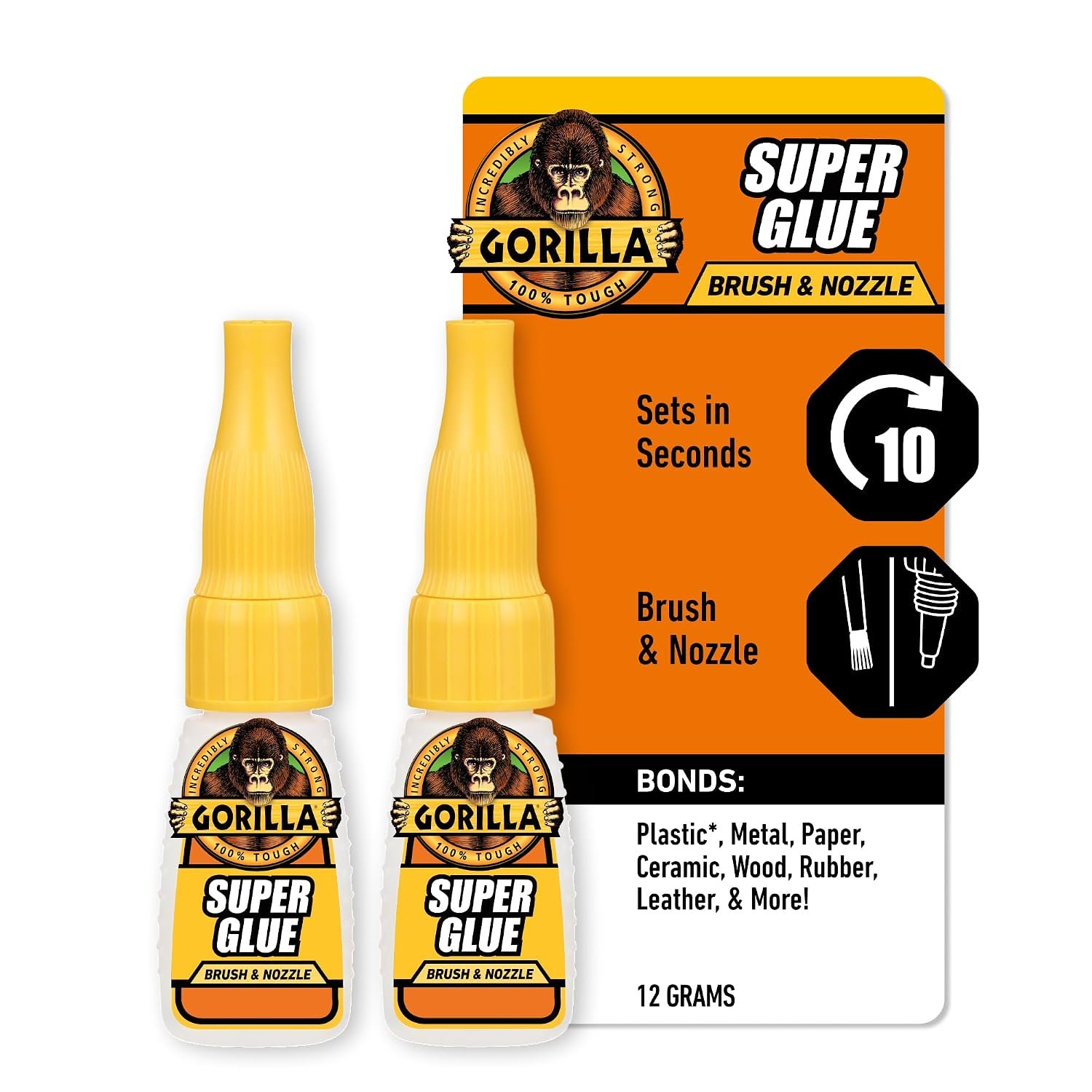 Gorilla Super Glue with Brush & Nozzle Applicator, Clear, 12 g, 2-Pack | All Purpose, Fast Setting for Projects and Repairs, Anti-Clog Cap, Ideal for Wood, Metal, and Plastic