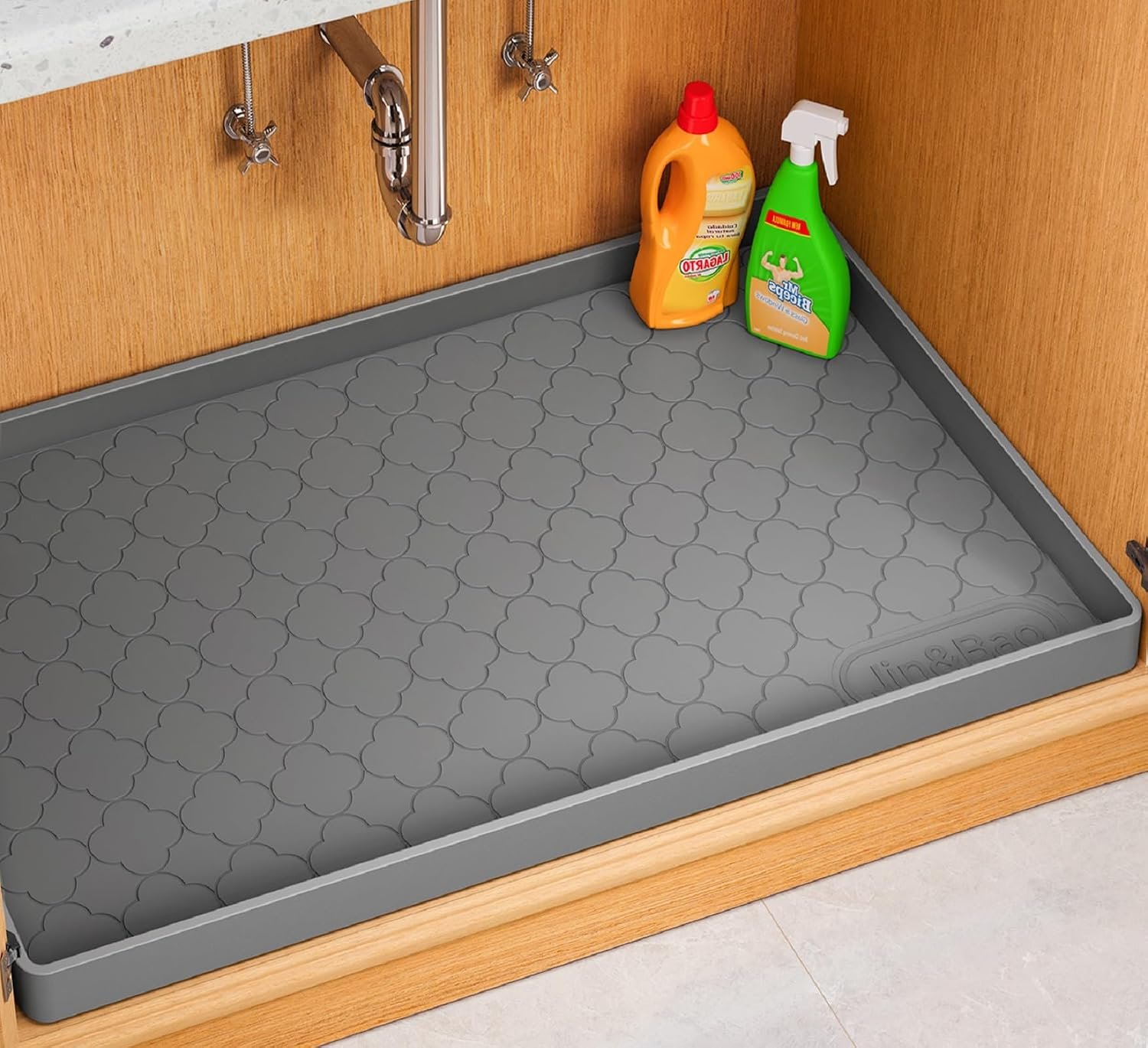 Jin&Bao Under Sink Mat 34″ x 22″ Waterproof Silicone Cabinet Kitchen Liner | Silicone under kitchen sink mat,cabinet protector,bathroom shelf liner,raised edge,anti-slip,easy to clean & dishwasher safe