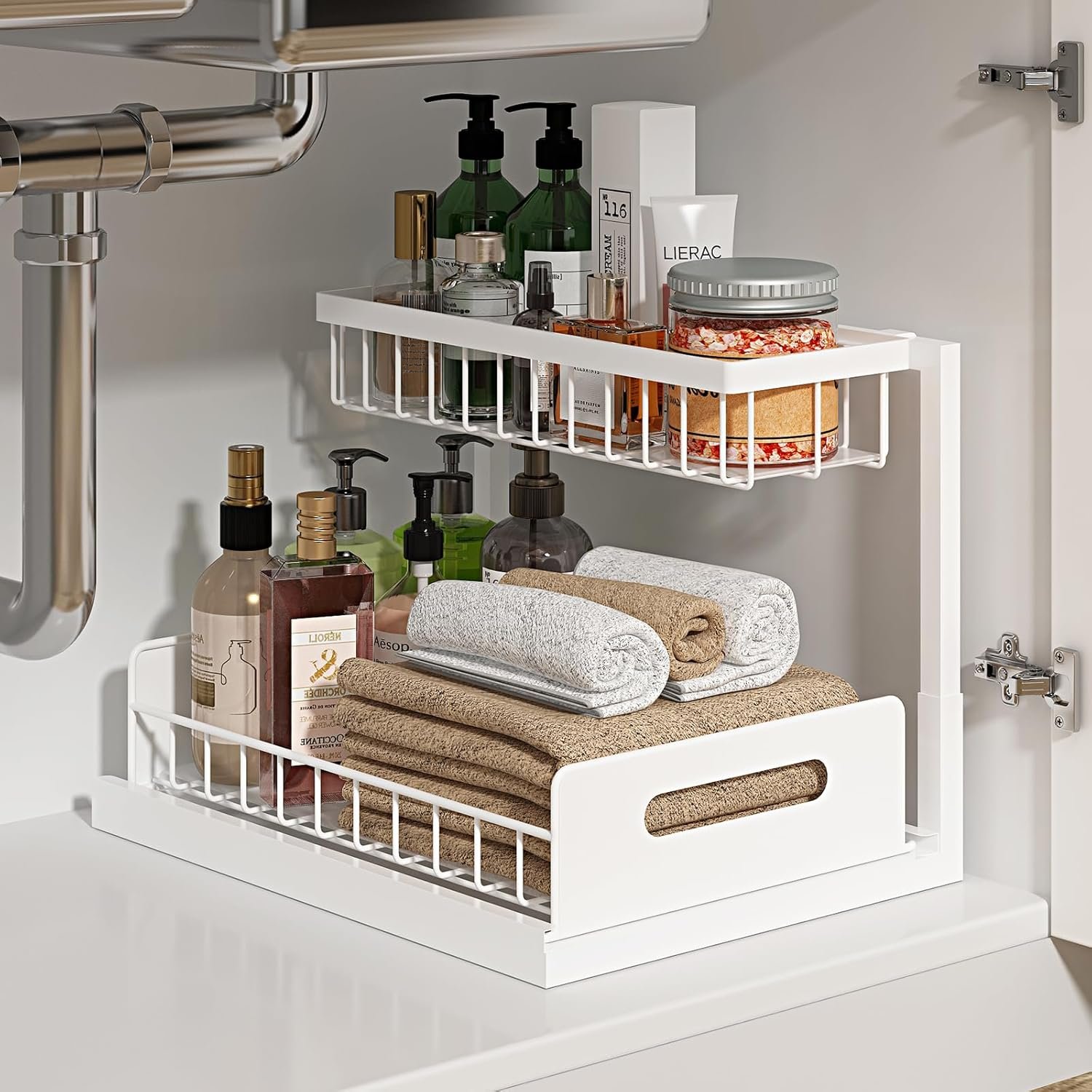 Under Sink Organizer, L-Shaped 2 Tier Pull Out Cabinet Organizer | Slide Out Sink Shelf Cabinet Storage Shelves, Under Sink Storage for Kitchen Bathroom Cabinet, White, 1 Pack