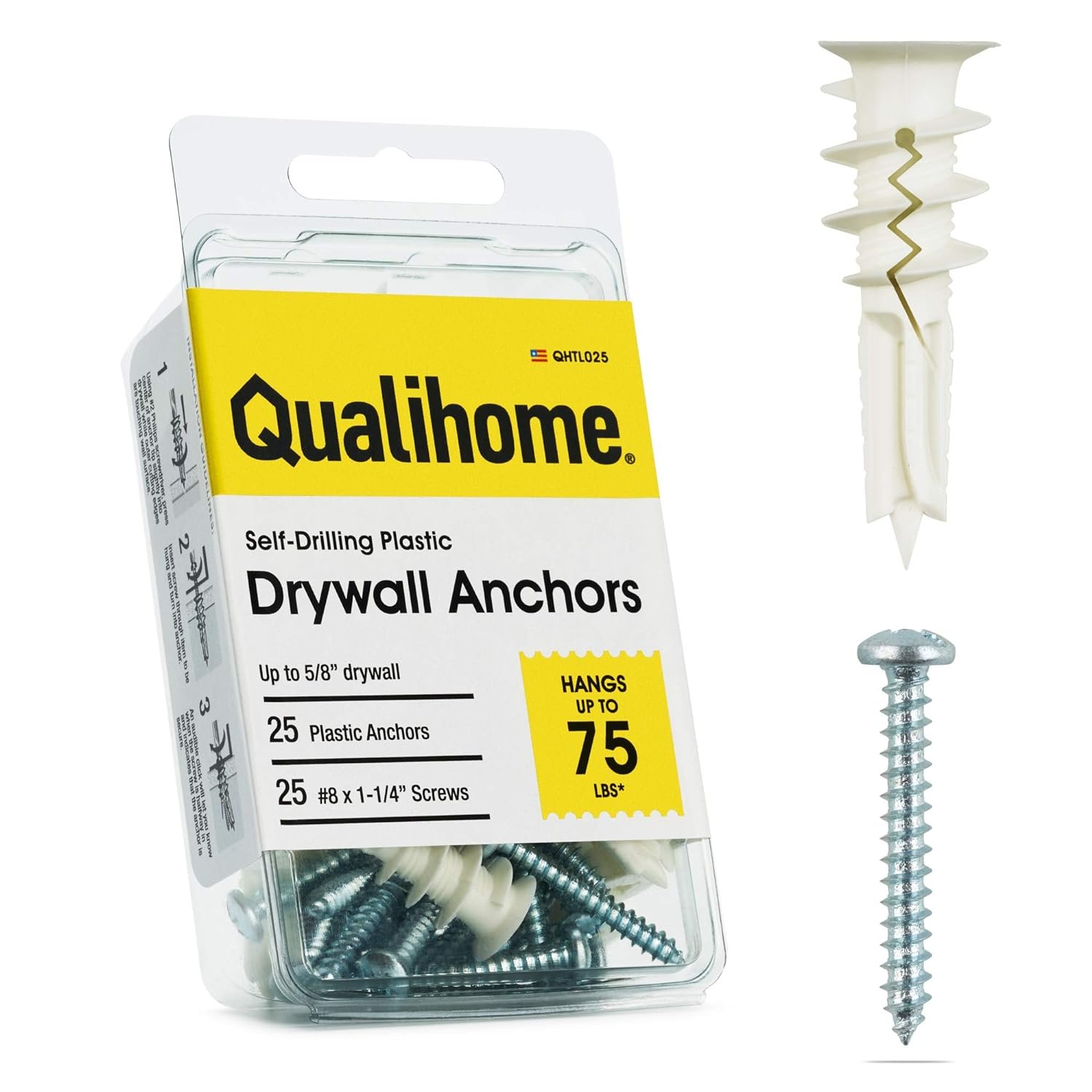 Qualihome Drywall Anchors with Screws – Self-Drilling Drywall Anchors, Anti-Spin Grip, No Pre-Drill Wall Anchor Kit, Strong & Reliable Hold, 25 Pack (50 Pieces)
