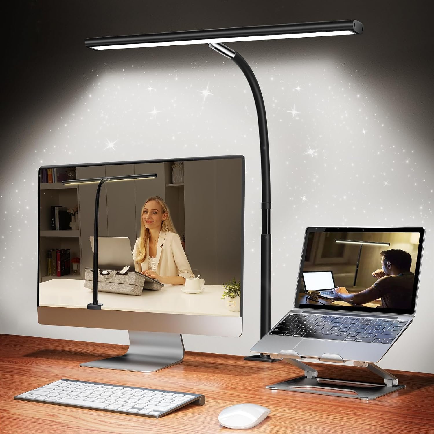 Airlonv LED Desk Lamp with Clamp, 17″ Stepless Dimming Light, Black | 2700K-6500K, 100 LEDs, 360° Gooseneck, Fits Up to 30″ Monitors, Flicker-Free Lighting for Home Office, Study& Workbench