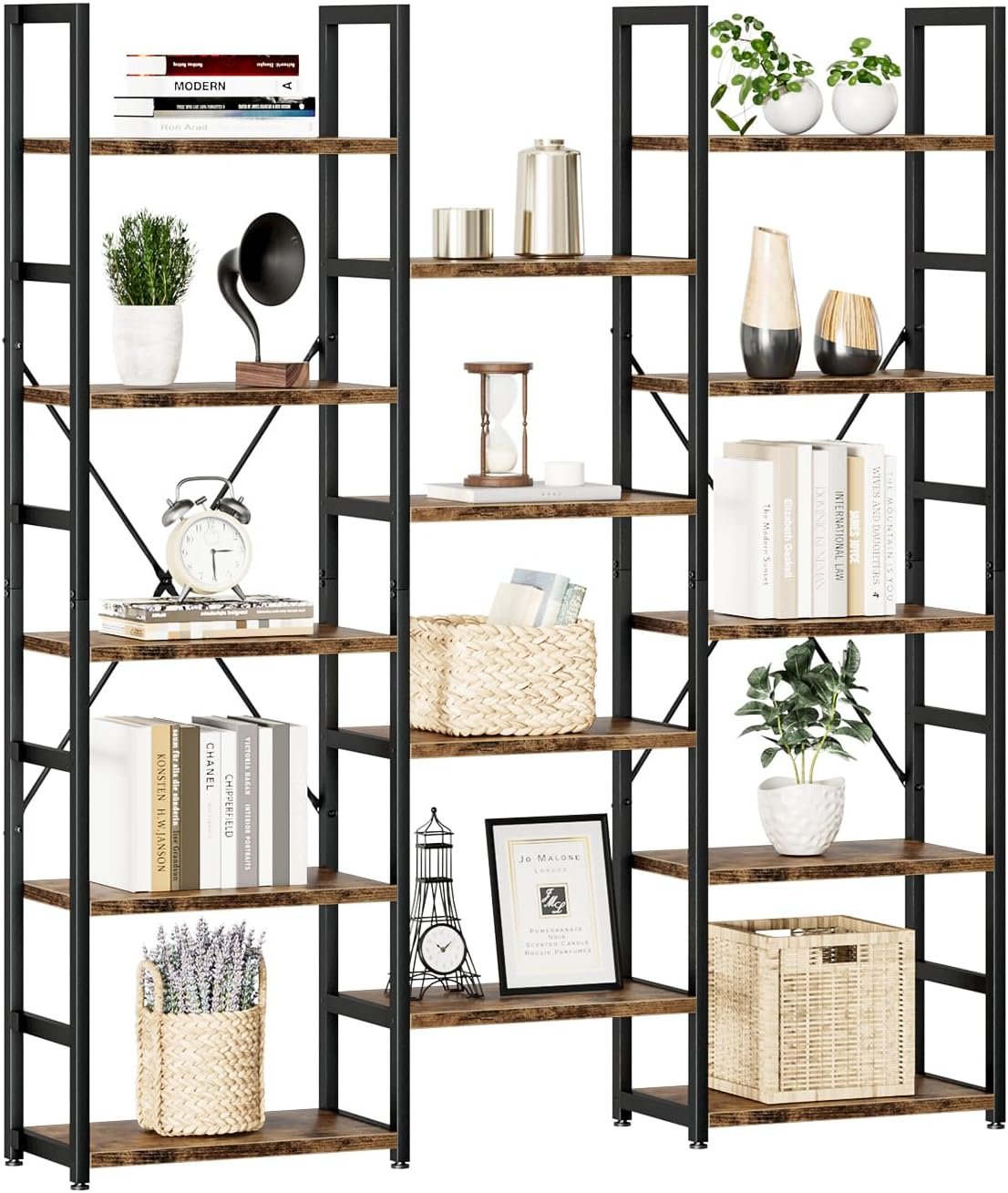 NUMENN Triple Column 5 Tier Bookshelf with 14 Adjustable Shelves, Vintage | Metal Frame & Wood Shelves, Open Freestanding Storage Unit with Supporting Bars for Bedroom, Living Room and Home Office