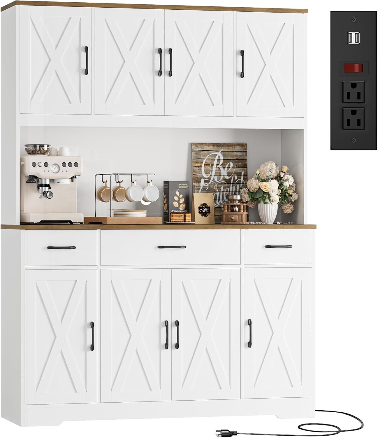 HOSTACK 71″ Tall Kitchen Pantry Storage Cabinet, 55″ W Kitchen Hutch, White | Large Pantry Cabinet with Charging Station / Countertop / 3 Drawers, Farmhouse Hutch Cabinet with Storage for Dining Room