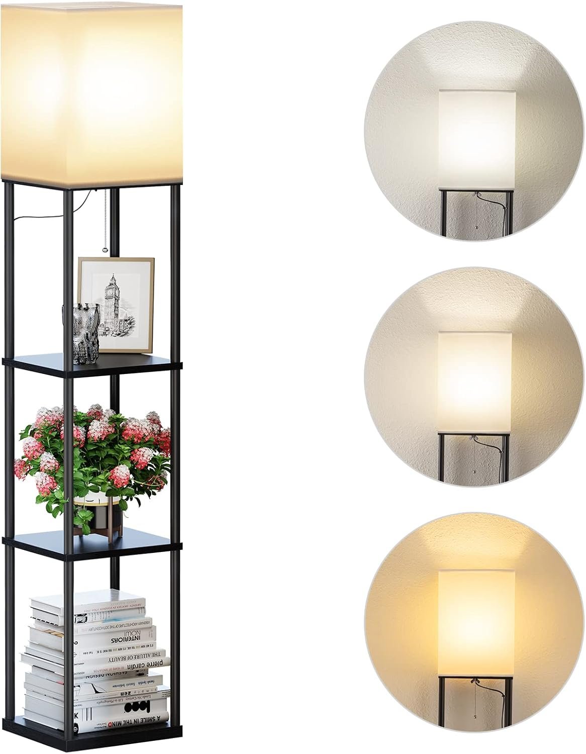 SUNMORY Floor Lamp with Shelves, Standing Lamps for Living Room, Black | 3 CCT LED Bulb Include, 4-Tier Display Bookshelf, 63″ Tall Corner Shelf Lamp, Modern Style for Bedroom, Office, Home Decor