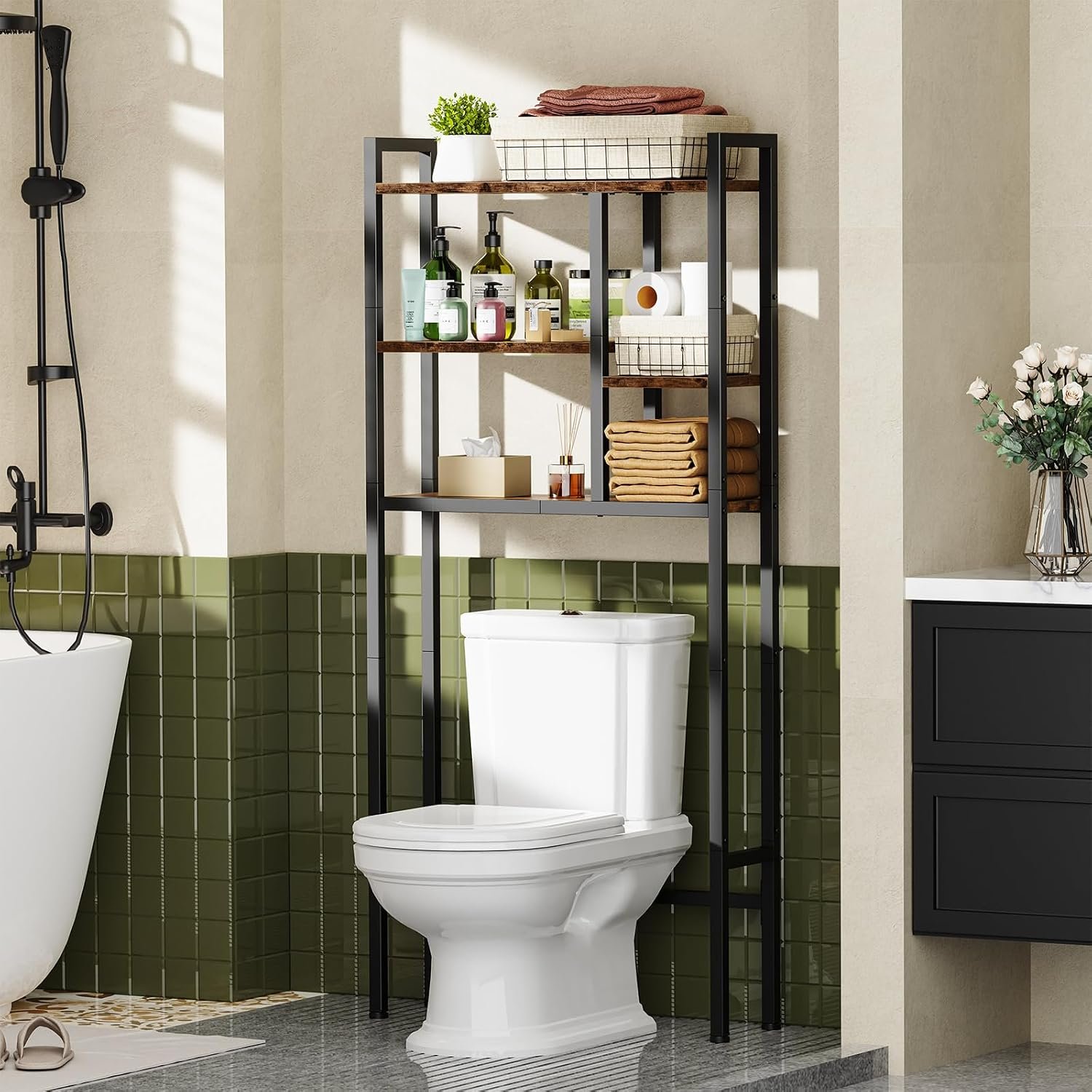 Asgolion Over-The-Toilet Storage Rack, 3-Tier Bathroom Shelves Over Toilet | Above Toilet Storage, Behind Toilet Bathroom Organizer, Space Saver, Freestanding, Rustic Brown