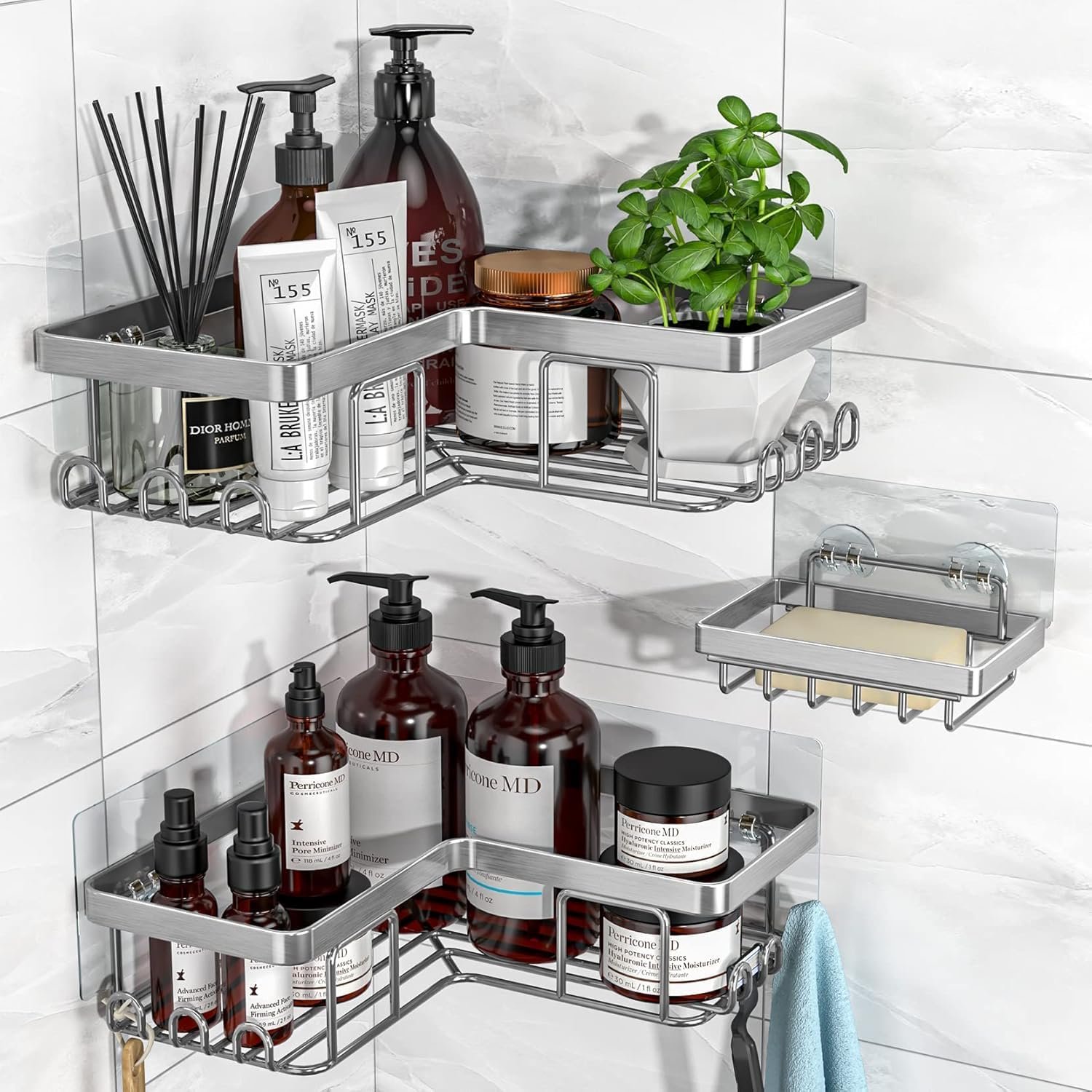 Corner Adhesive Shower Caddy, with Soap Holder and 12 Hooks, Rustproof Stainless Steel Bathroom Organizer, No Drilling Wall Mounted Rack, Brushed Silver, 3-Pack