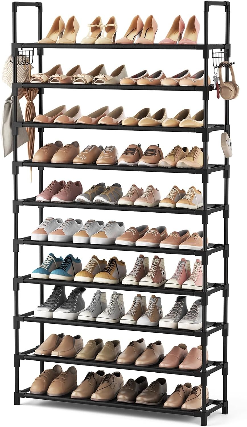 VTRIN 10 Tier Shoe Rack Tall Large Capacity Wide Shoe Organizer with Two Hooks Sturdy Metal Shoe Shelf for Entryway, Closet, Bedroom