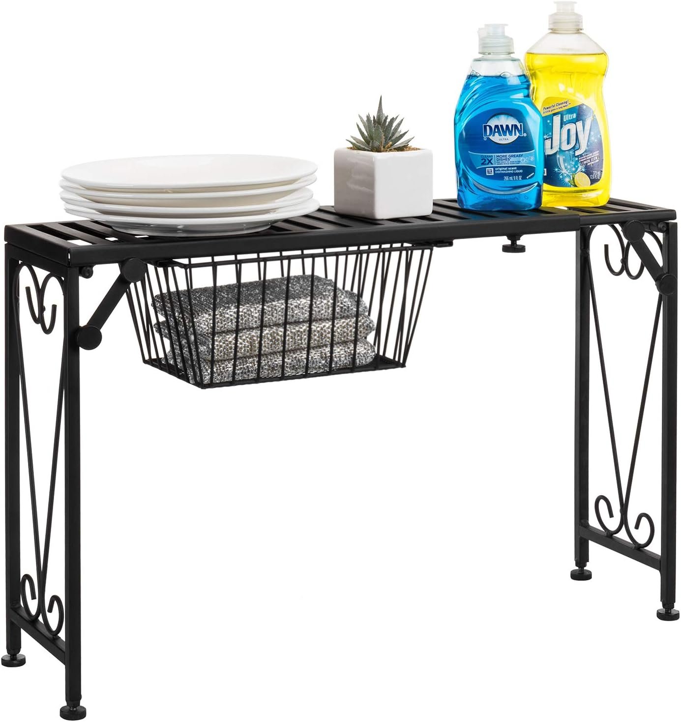 MyGift Expandable Black Metal Over Sink Shelf with Pull Out Drawer | Kitchen & Bathroom Organization, Countertop Space Saver, Adjustable Design, Hidden Drawer, Decorative Scrollwork Accent
