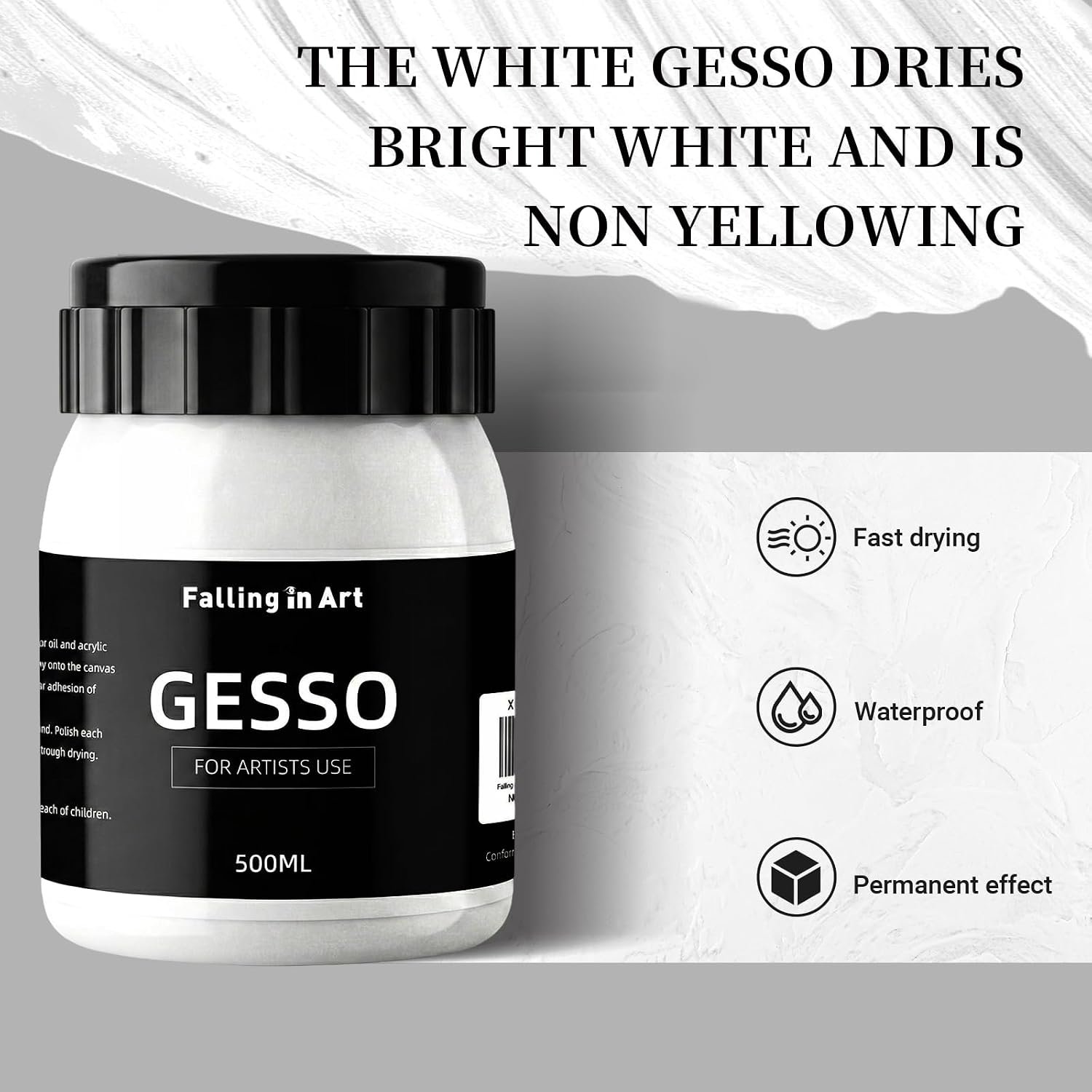 Falling in Art 16.9 Oz White Gesso Primer for Acrylic &Oil Paint | Non-Toxic Canvas Surface Prep Medium, Mixable White Gesso Primer for Canvas, Wood, Paper, Plastic