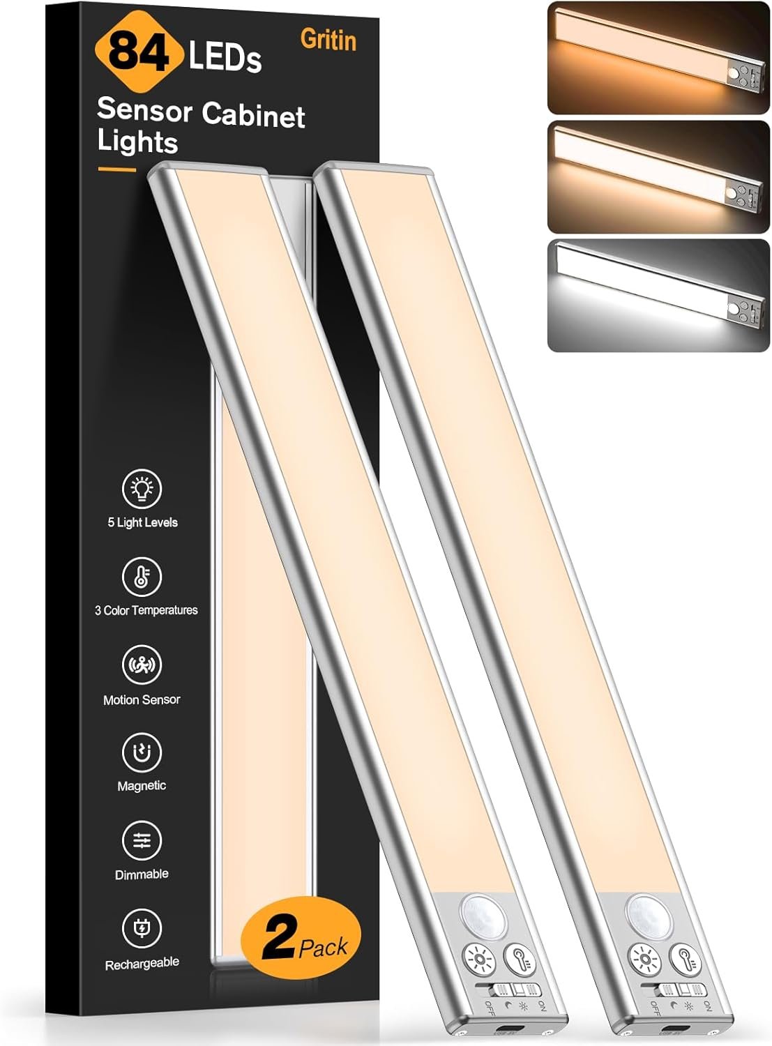 Gritin 10.2inch Under Cabinet Lighting Rechargeable 2 Pack | 3 Color Temps & 5 Brightness,Super Bright,4 Modes,Motion Sensor,Long Lasting – Easy Installation Magnetic Under Closet Lights