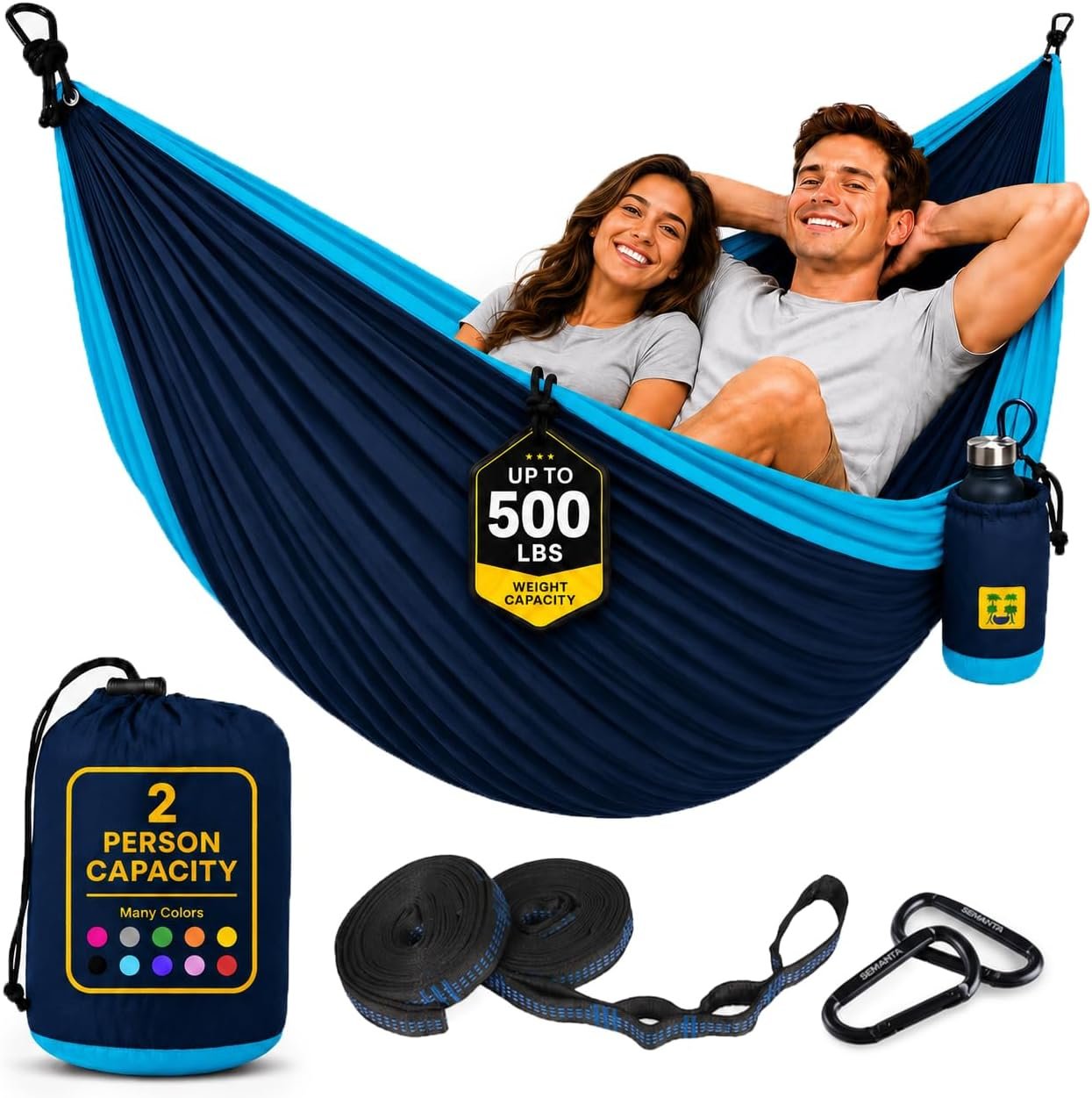 Durable Hammock 500 lb Capacity, Nylon Camping Hammock Chair – Double or Single Sizes w/Tree Straps and Attached Carry Bag – Portable for Travel/Backpacking/Beach/Backyard (Large, Blue & Light Blue)