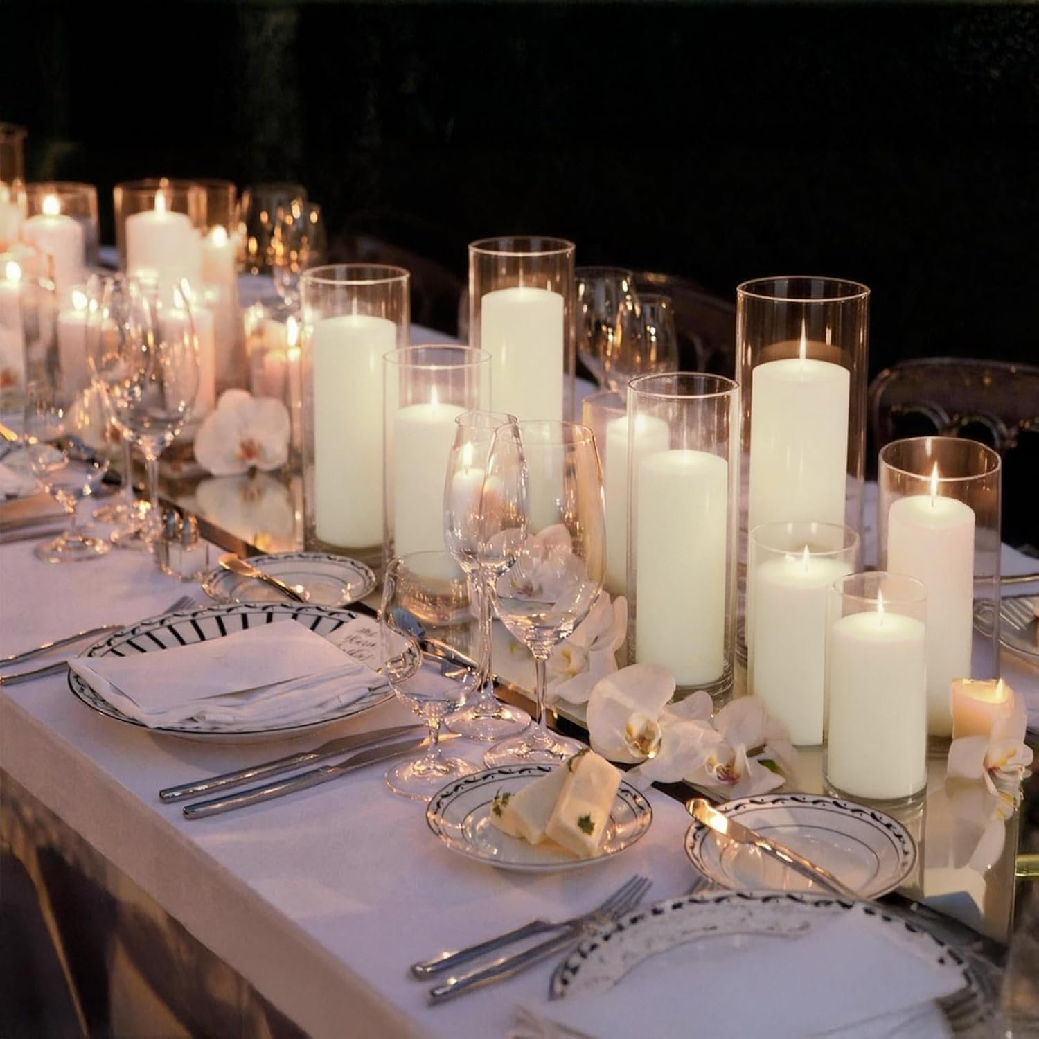 12-Pack White Pillar Candles (2”X3,4,6) & 12-Pack Glass Cylinder Vases(2.6”X5,6,8),Hurricane Candles,Wedding Centerpiece Decor Set-Mixed Heights for Table, Proposal, Event.