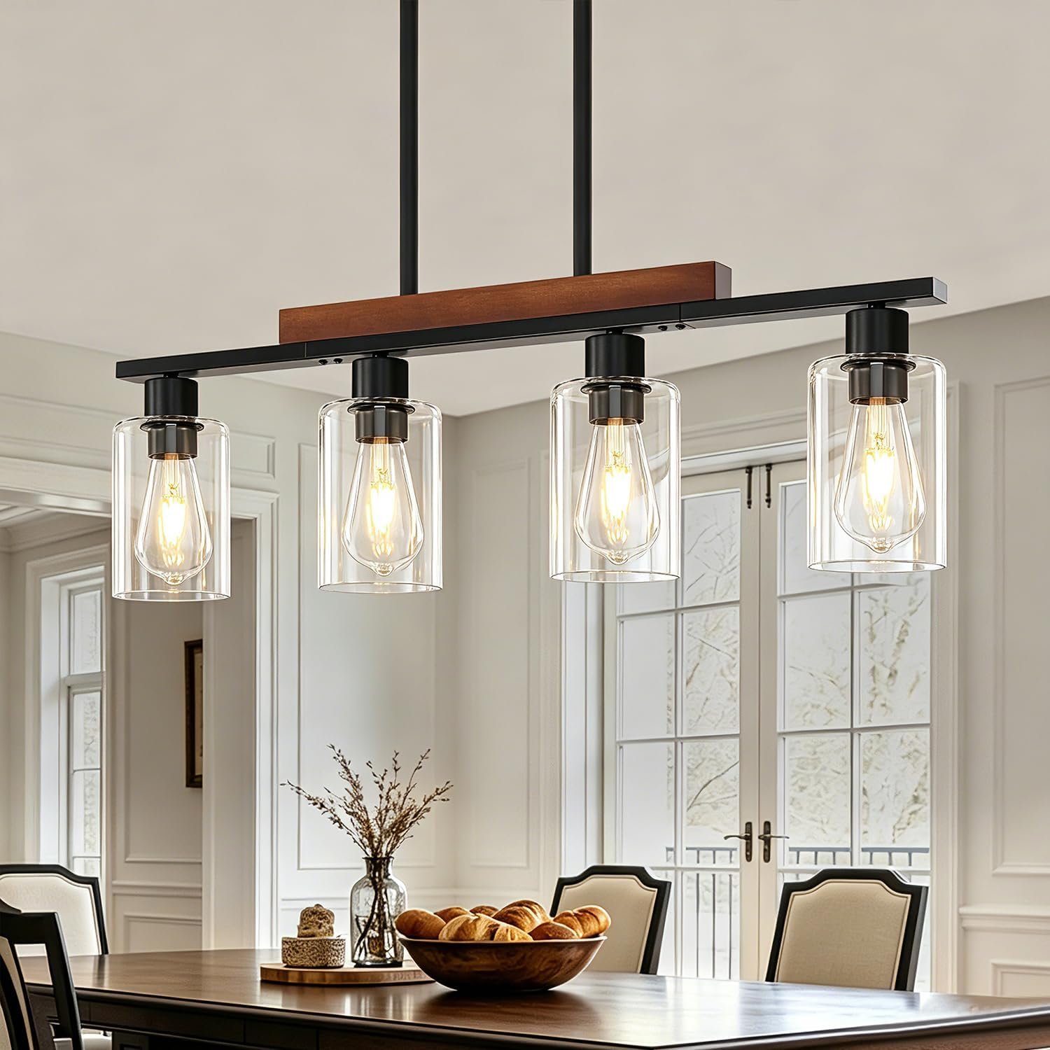 4-Light Rustic Island Light for Kitchen Linear Chandelier Dining Room Light | Farmhouse Kitchen Island Lighting Clear Glass Shade, Black Metal Wood Hanging Pendant Light Over Table, Adjustable Height