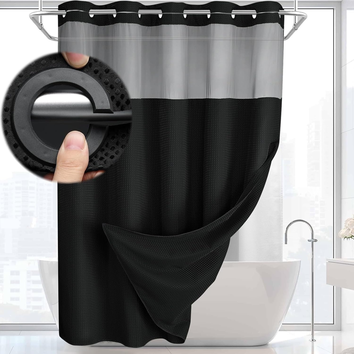 No Hook Shower Curtain with Liner Set Hotel Waffle Curtain Black 72W X 75L | Washable Snap in Fabric Liner, Mesh Top Window, Waffle Hotel Style Shower Curtain Set