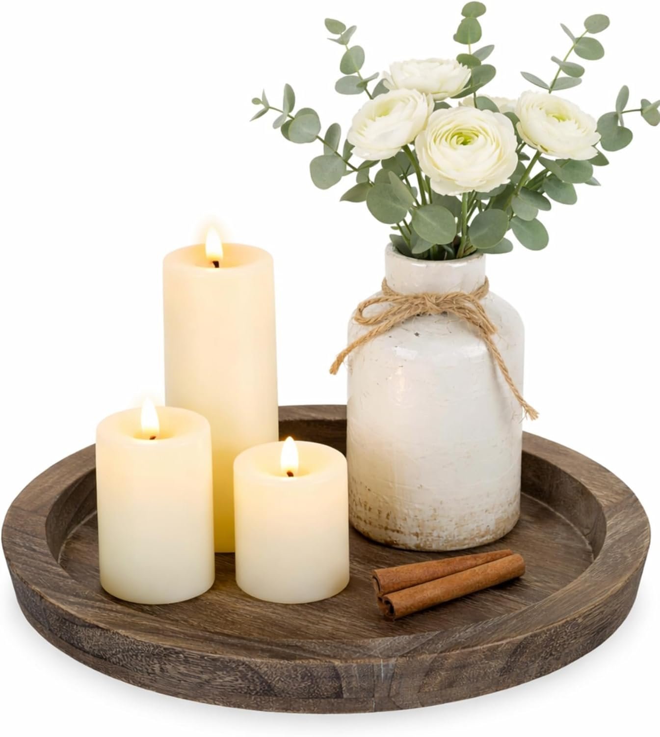 Hanobe Round Wooden Candle Holder Trays for Coffee Table, Distressed Finish | 11.2″ Rustic Decorative Candlestick Plates for Kitchen Centerpiece, Farmhouse Living Room Fall Decor