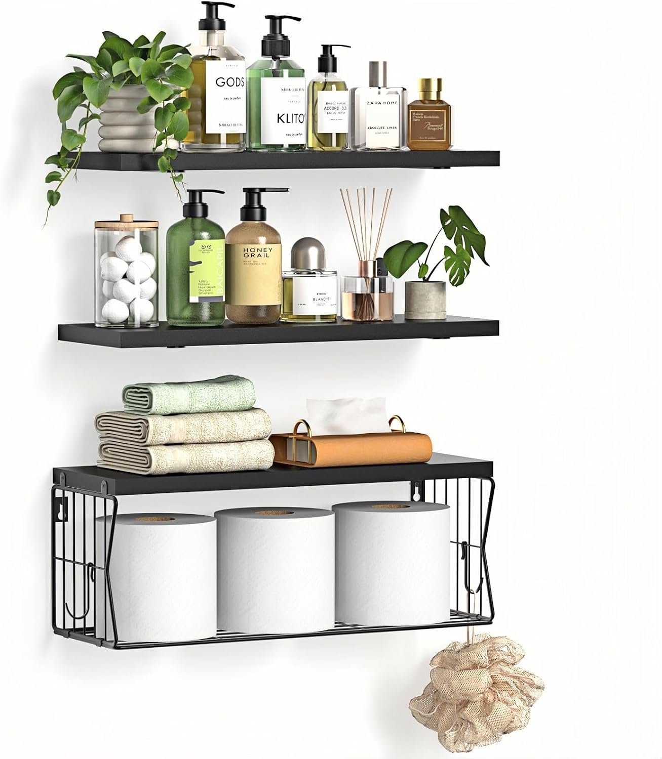 Floating Bathroom Shelves Wall Mounted – Wooden Shelf Set of 3 for Over Toilet Storage & Modern Bathroom Decor – Perfect Wall Shelving Organizer for Apartments RVs Powder Rooms Restroom – Black