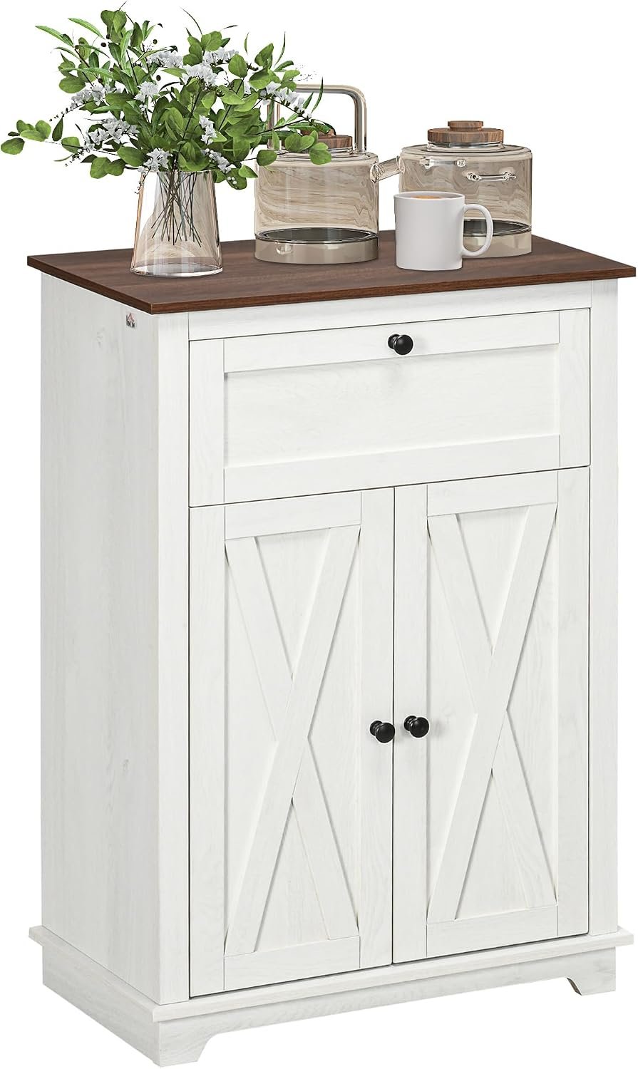 HOMCOM Farmhouse Barn Door Accent Cabinet with Double Doors White | Kitchen Sideboard Storage Cabinet, Drawer, Adjustable Shelf, for Living Room