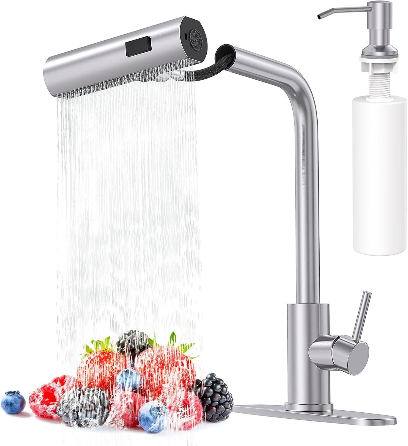 Brushed Nickel Kitchen Faucets with Pull Down Sprayer & Soap Dispenser, Single Hole & Handle, Pull Out Tap, Waterfall Stainless Steel Sink Faucet for Farmhouse Camper Laundry Rv Bar