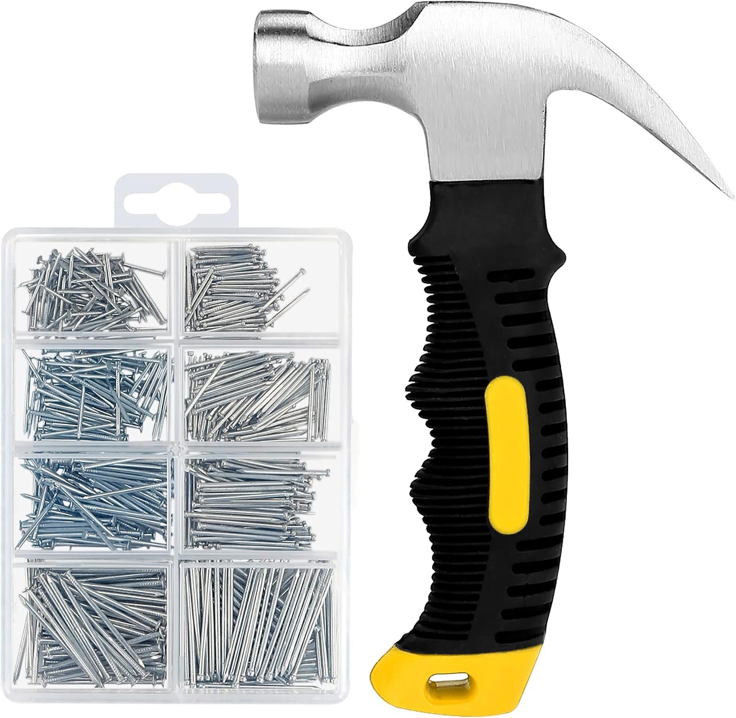 700PCs Nails Assortment Kit & 8oz Hammer, Small Hammer for Hanging Wall Art Decor, Picture Frame, 350 Roofing/Wall Nails & 350 Finishing Nail