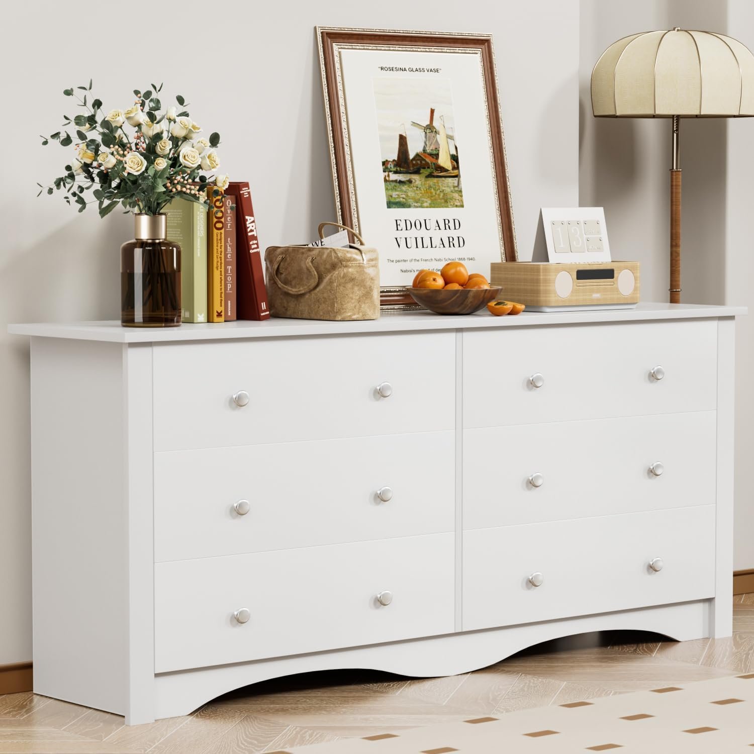 YESHOMY White Wood Dresser with 6 Drawer, 47.2″ Chest of Drawers | Wood Dresser, Anti-tip, Curved Base, Storage Organizer for Living Room, Hallway