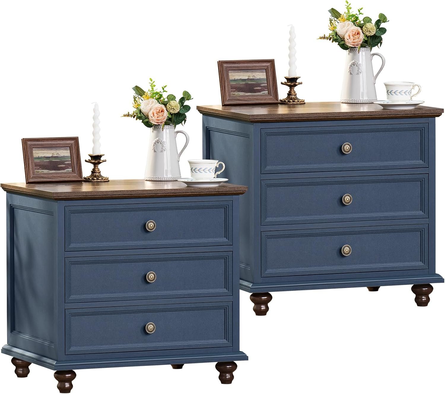 Joaxswe 24″ Wide Farmhouse Night Stand Set of 2,Large End Table with 3 Drawers & Metal Handle,Blue Dresser for Bedroom,Bed Side Table Chest of Drawers Cabinet,Wood Nightstand for Living Room,Closet