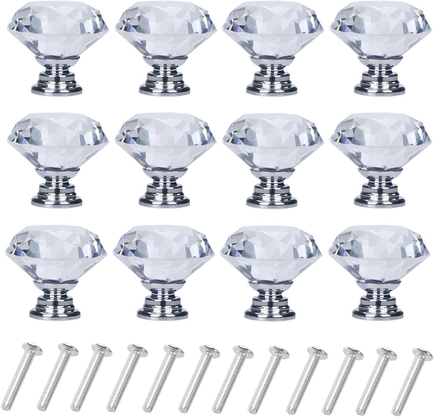 YourGift 12 Pack Drawer Knobs Diamond Shaped Crystal Glass 30mm Cabinet Knobs Pull Handles (Silver) | Drawer Knobs Pull Handles, Kitchen Cabinet Hardware, Knobs for Dresser Drawers Cupboard, Screws Included