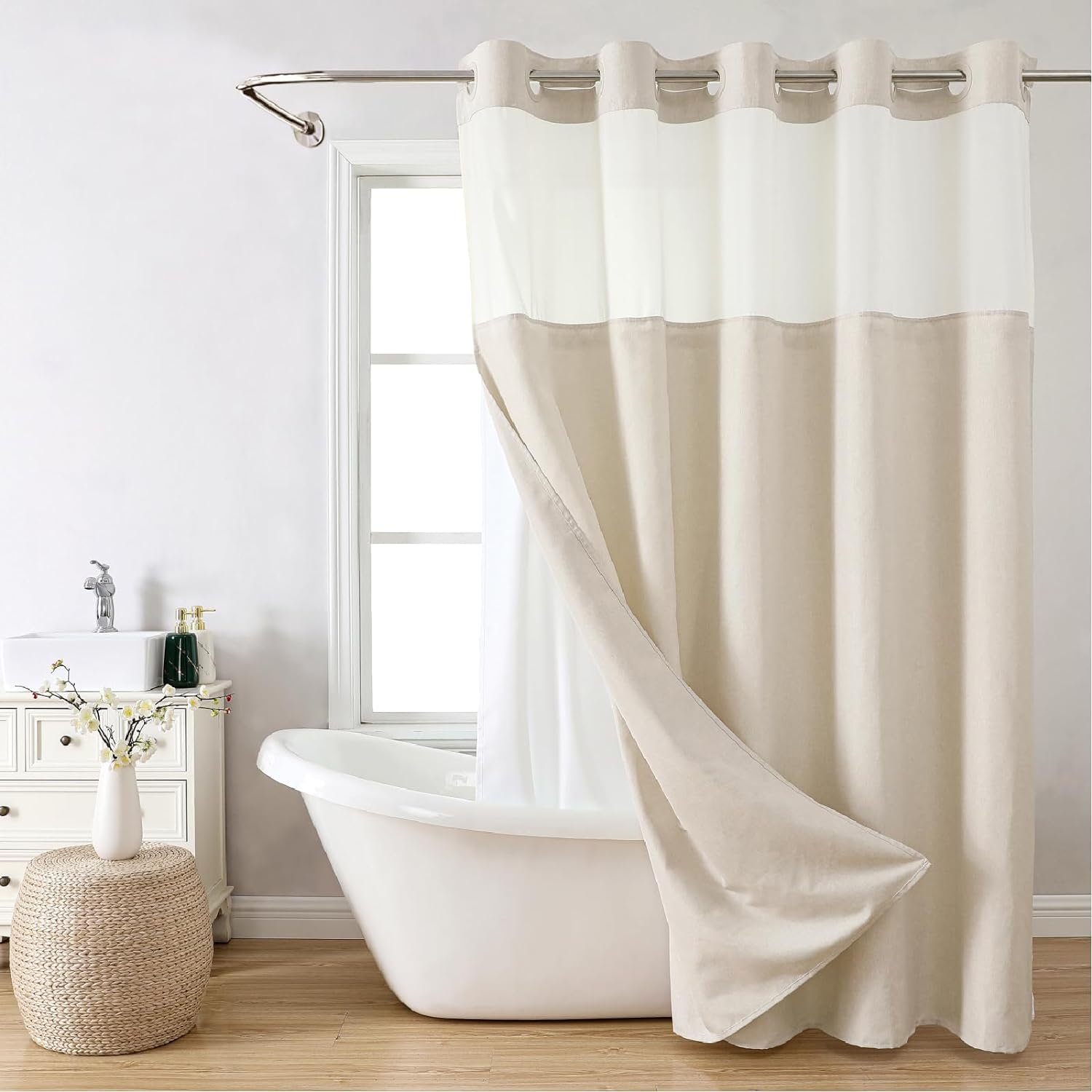 Eachope No Hooks Polyester Textured Shower Curtain with Snap-in Fabric Liner Set, Hotel Luxury Decor Shower Curtains for Bathroom with See Through Top Window, Waterproof & Washable, 71Wx74H, Cream | 230GSM Thick Fabric,Hotel Luxury Decor,Mesh Top Window,Magnetic Weighted Hem,Waterproof & Machine Washable,for Bathroom