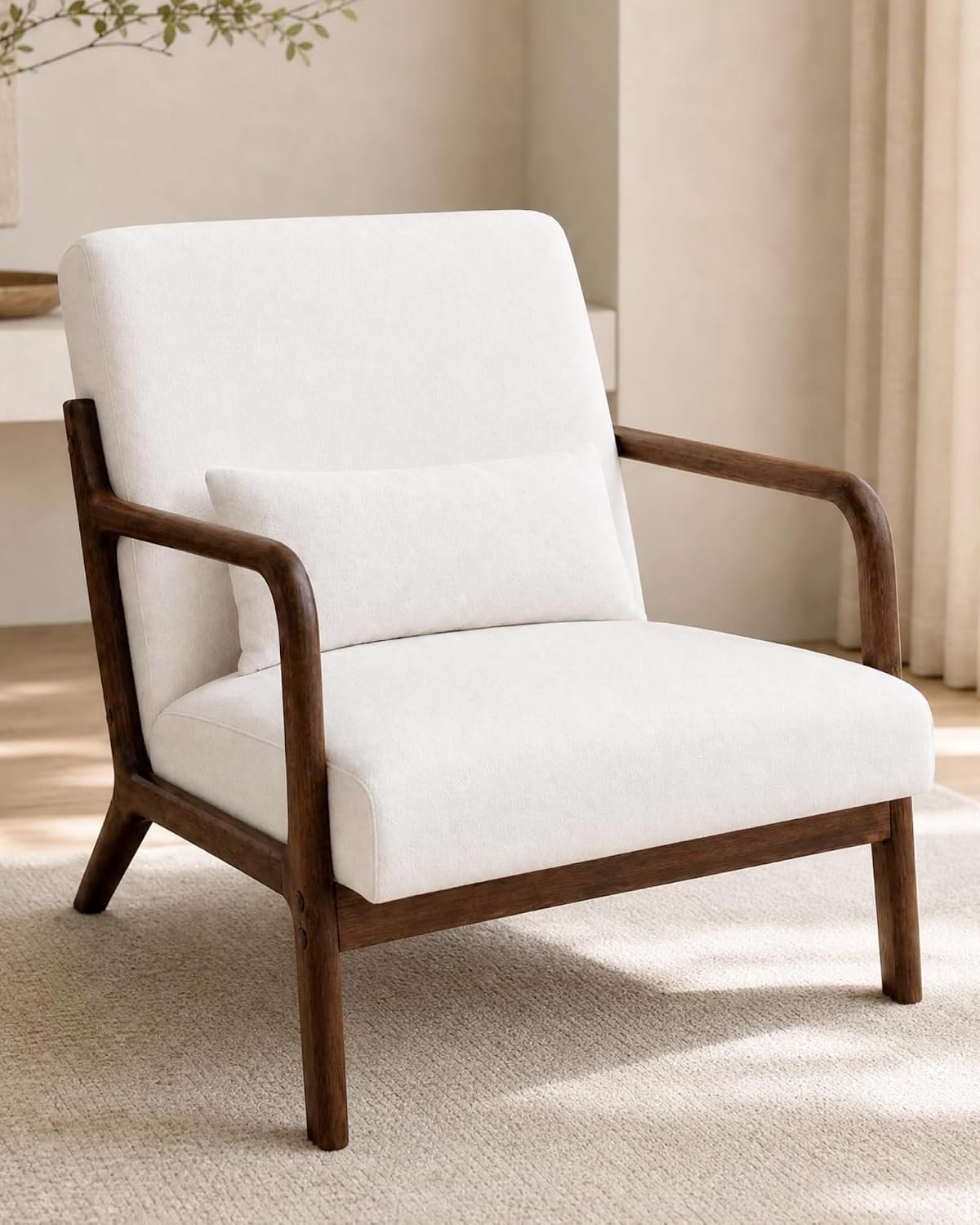 Garvee Mid Century Accent Chair, Upholstered Armchair with Lumbar Pillow | Cozy beige reading chair in Chenille with solid wood frame. Easy assembly. For living room, bedroom or office.
