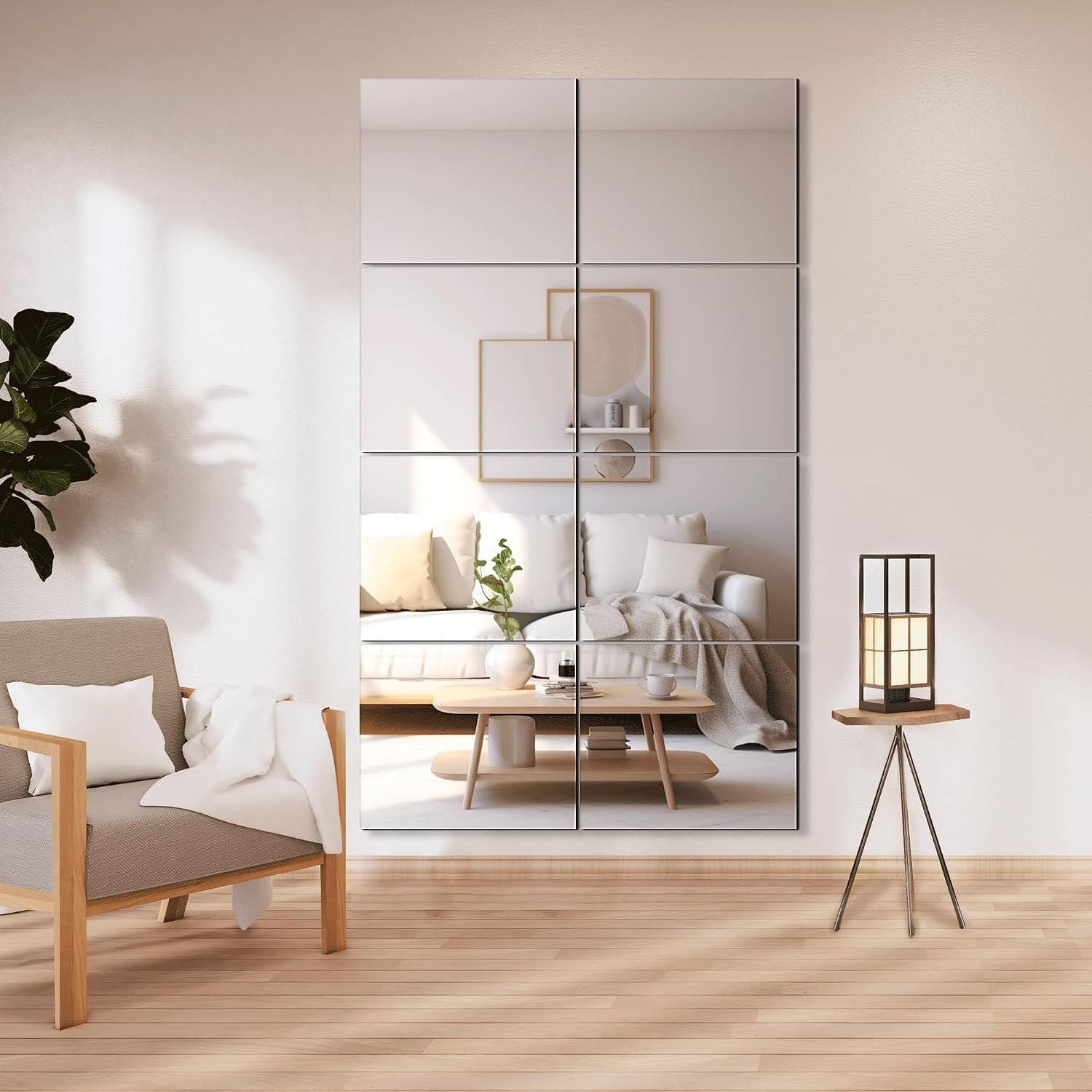 Frameless Mirror Tiles 14″x12″x8 Pcs Wall Mounted | Shatter Resistant, Full Length, Tempered Glass Panels, For Home Gym Bathroom Bedroom & Living Room Decor