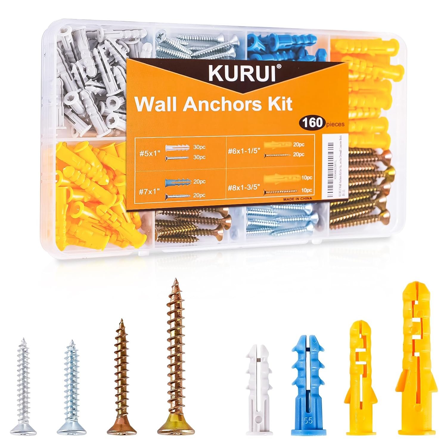 Wall Anchors Kit for Hanging Wall Art Decor, 160Pcs Drywall Anchors Assortment Kit for Frame Shelf Decorations, Plant Hooks, 80 Screws and 80 Plugs, Picture Hangers for Dry Wall Concrete Brick