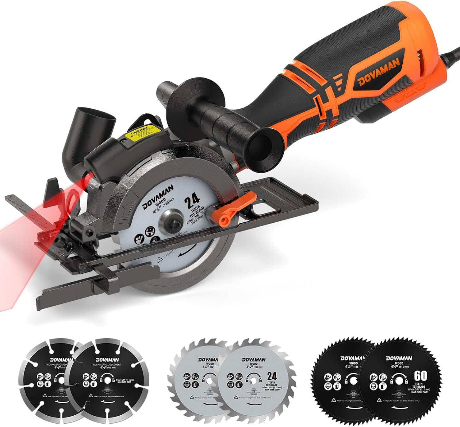 DOVAMAN Circular Saw, 5.8A 4-1/2″ Circular Saw w/Laser & Auxiliary Handle | 6 Blades (4½” Diameter, 3/8″ Arbor), Cutting Depth 1-11/16″ (90°), 1-3/8″ (45°), Ideal for Wood, Soft Metal, Plastic, Tile