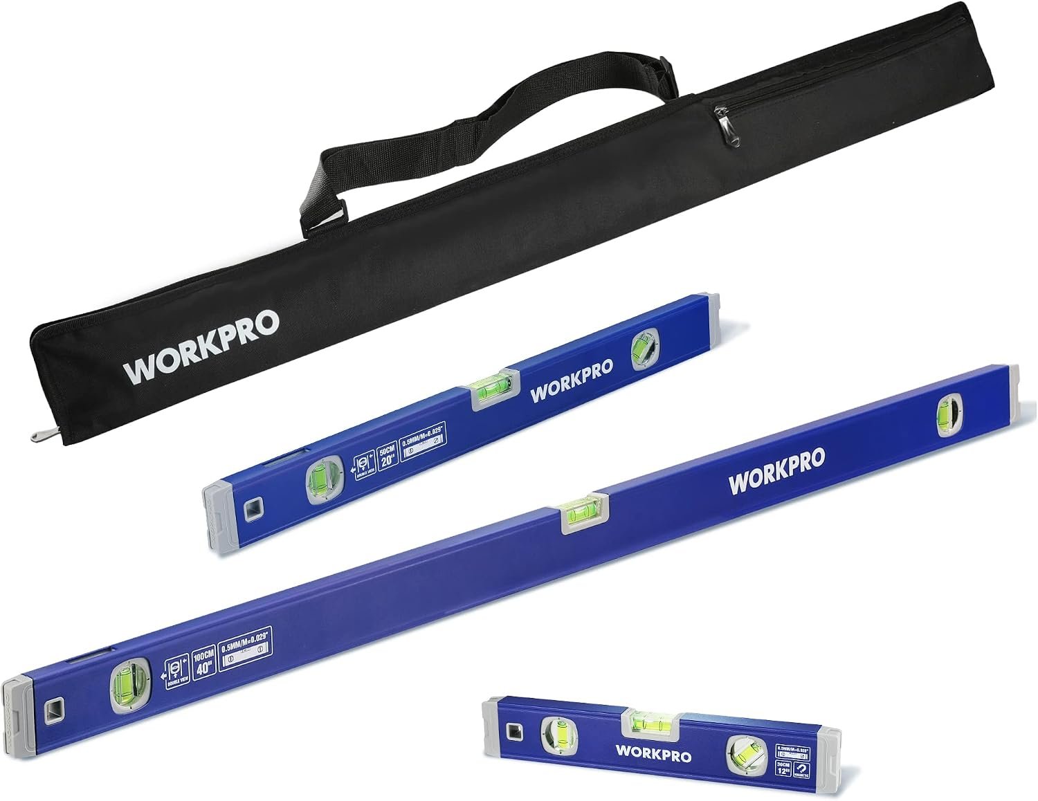 WORKPRO 3-Piece Spirit Level Set (12″, 20″, 40″) with 12″ Magnetic Torpedo Level, 45°/90°/180° Bubbles Measuring, Open Top View Design, Aluminum Alloy Levels with Carrying Bag | 3-Piece Spirit Level Set, 45°/90°/180° Bubbles Measuring, Open Top View Design, Aluminum Alloy Levels with Carrying Bag