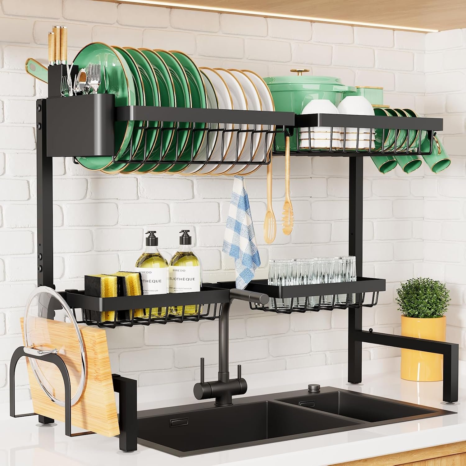 Kitsure Adjustable Over The Sink Dish Drying Rack, 26.8″ -33.9″x21.5″ | Sink Drying Rack for Kitchen Sink, Dish Rack Over Sink with Cutlery & Utensil Holders, Kitchen Storage, Black