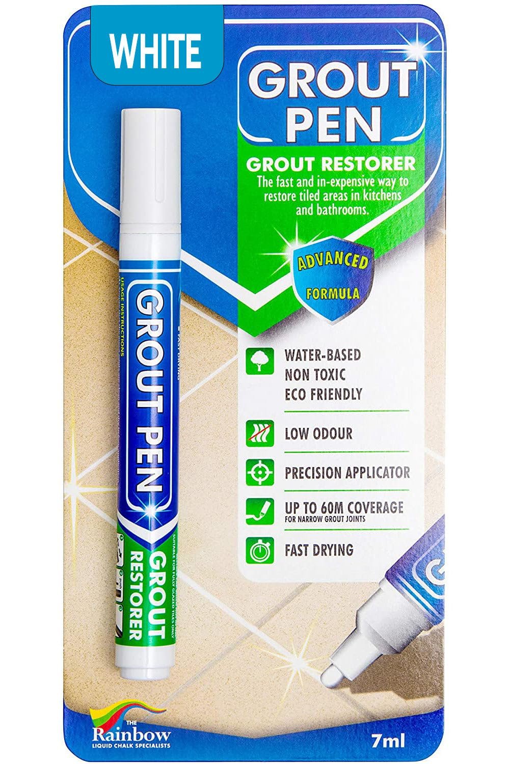 Grout Pen White Tile Grout Paint Marker Restorer – Narrow 5mm Tip (7mL) | Waterproof Grout Line Refresher for Kitchen & Bathroom, Colorant and Sealer Pens for Cleaner Looking Grout Lines – White