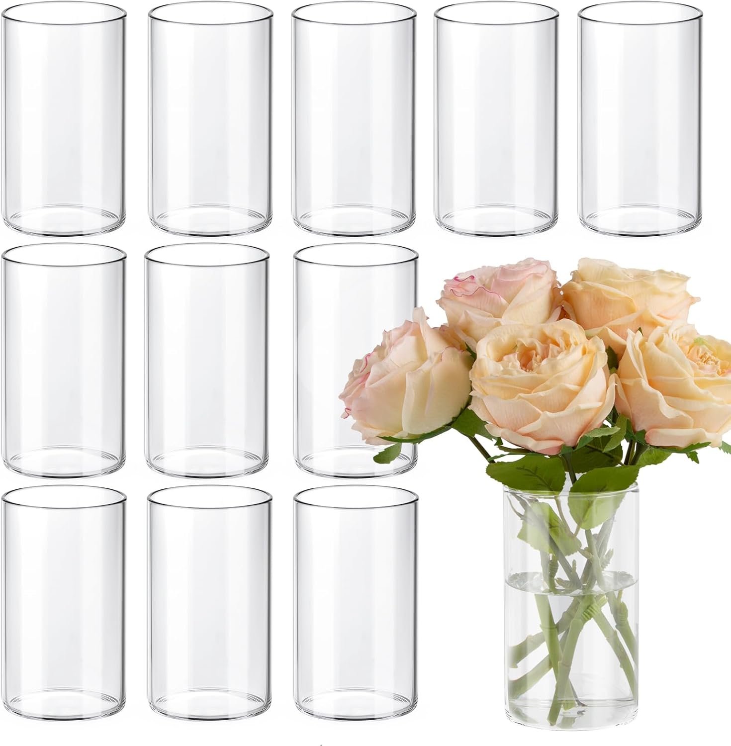 12pcs 6 Inch Clear Glass Cylinder Vases for Centerpieces | Flower Vases for Wedding, Home & Party Decor, Hurricane Floating Candle Holders for Table & Shelf