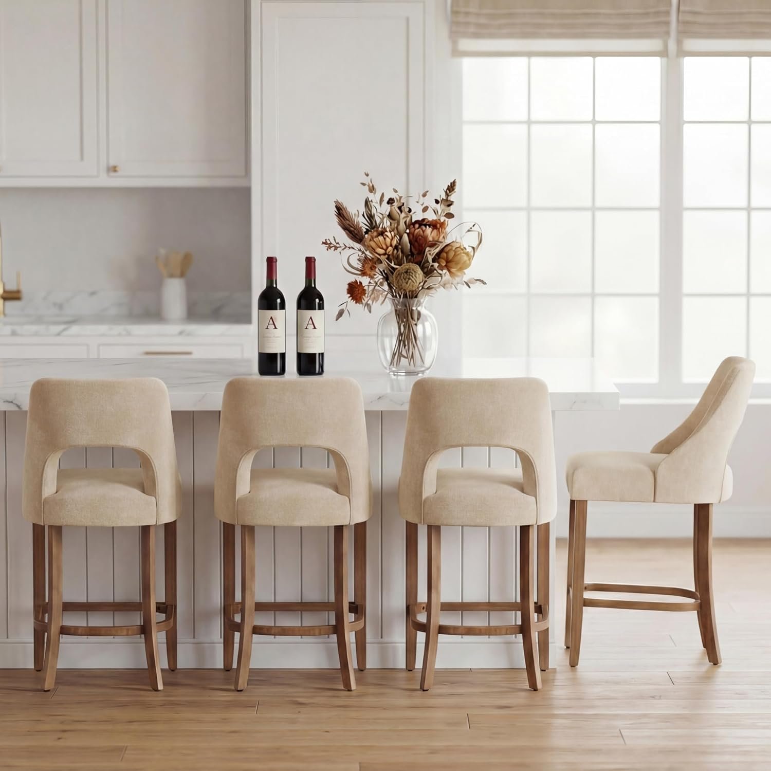UVV Bar Stools Set of 4, Upholstered Counter Height Bar Stools, Modern Counter Stools with Wood Legs for Kitchen Island Dining Room Bar, Beige
