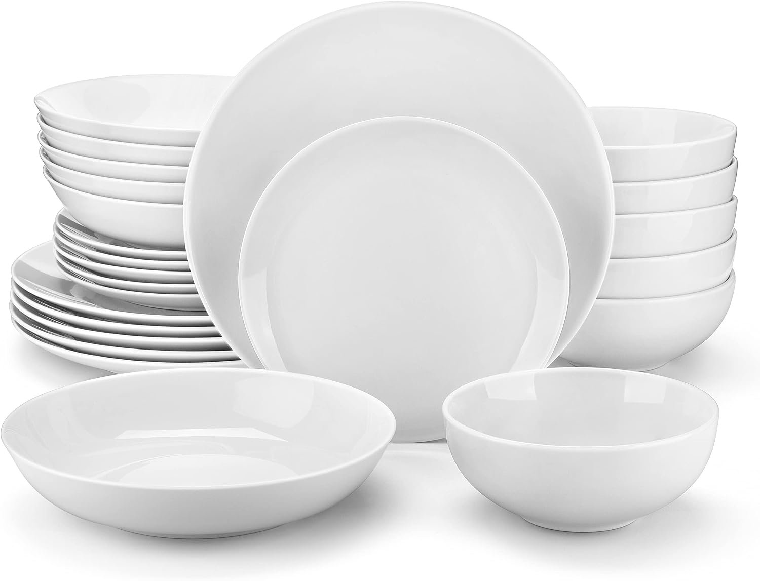 MALACASA 24-Piece Porcelain Dinnerware Set, White Round Dish Set for 6 | Modern Serving Plates and Bowls Sets for Dessert, Salad, Soup, Pasta, Microwave & Dishwasher Safe – Series AMELIA