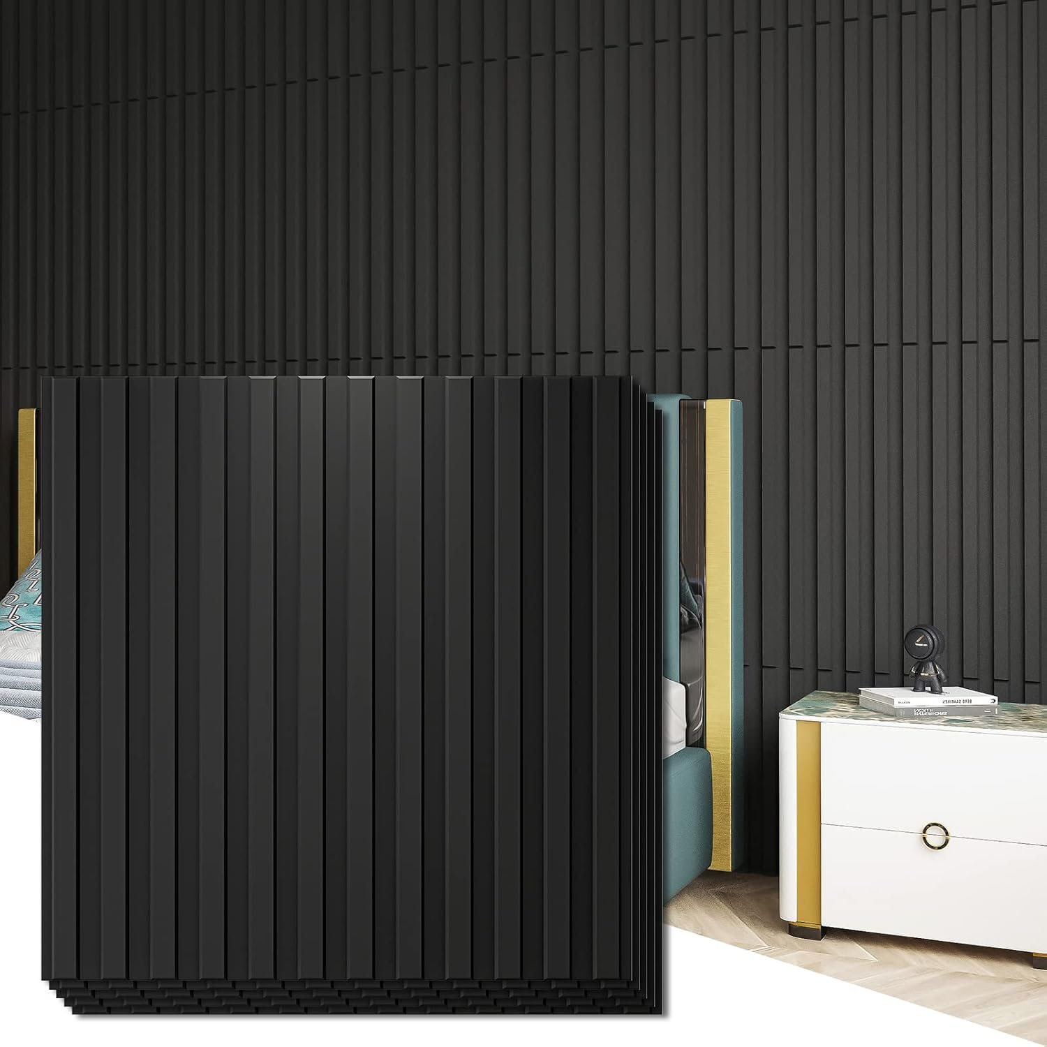 Art3d 3D Fluted Textured Slat Wall Panels, 19.7 x 19.7 in, 12-Pack, Black | PVC, Waterproof, Scratch Proof, Wipeable, Break-Proof, Ideal for Home, Office and Commercial Spaces